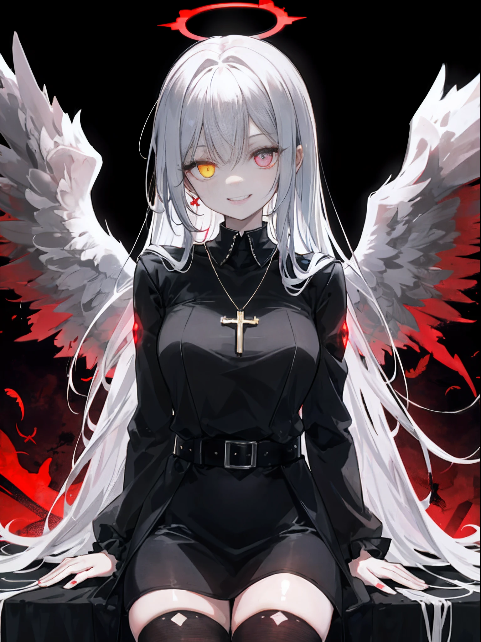 1girl in, (Scary), Holy Angel, Gorgios, on the lap, (red halo), Dark, Glowing eyes, Heterochromia eye, Angel wings, glowing pendant, holy, Sensual milf, black tunic, Feathers, which are full of confidence, Smile, Expressive eyes, collofull eyes, Contrasty, shadowy, masutepiece, Digital Art, Glowing eyes, Intimidating, corrupted, Demonic