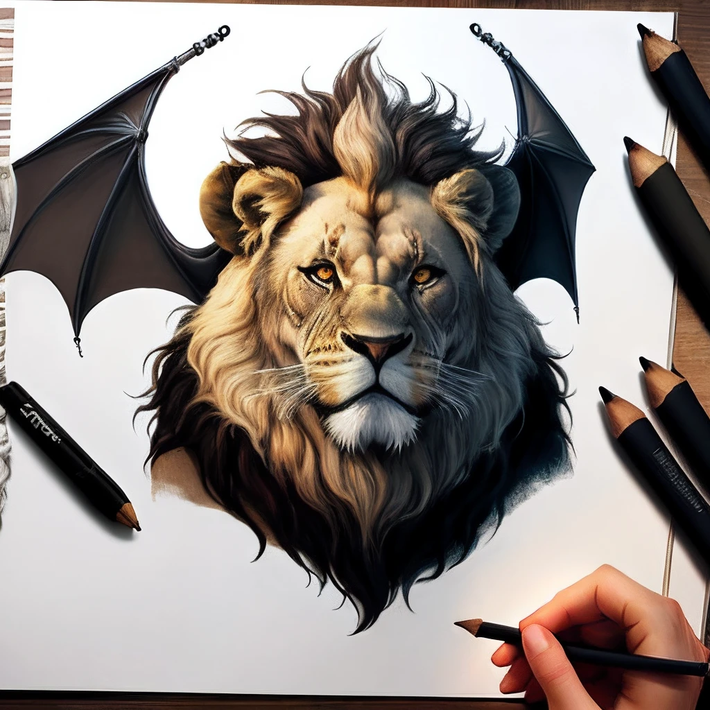 Drawing animal that combine with elephant head with lion body and bat wing