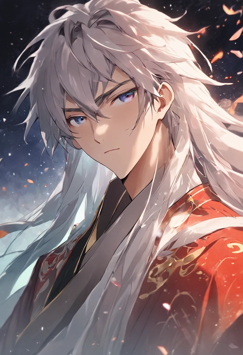 male people、Young men、Chinese ancient style、Long hair as white as snow、Delicate facial features、Enchanting and handsome、Sapphire eyes、knight-errant、Ultimate facial details、extreme hight detail