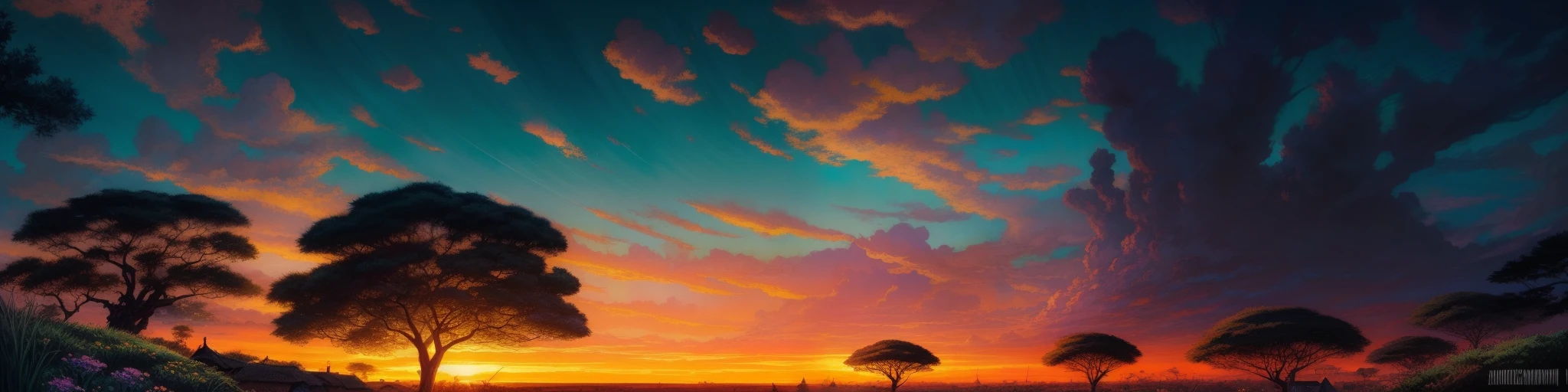 manga watercolor & oil illustration that shows a thatched roof village in front of the sunset across the savannah, in the style of liam wong, tranquil serenity, 2d game art, uhd image, vibrant palette, pixelated landscapes:: manga watercolor & oil painting by Joseph Christian Leyendecker & Shepard Fairey & James Jean & Anders Zorn & Jeremy Mann & Alphonse Mucha, a thatched roof village on a savannah grassland with acacia trees, dynamic imagery, flowerpunk, Africapunk, intricate details, dynamic, dramatic lighting, backlit, raking light, vibrant color:: Erin Hanson & Donato Giancola & Nicolas de Stael, sunset, thatched roof village on a Savannah plain, large acacia trees, cumulus clouds, hyper detailed, cinematic lighting, long shadows, saturated contrast