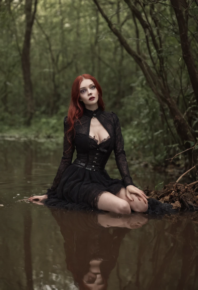 Hyper-realistic, ultradetailed, tmasterpiece. (A night in a dark forest:1.3). The woman, (Tormented by lust:1.3), (sexually drowning in a swamp, The swamp consumes her body:1.4). mini skirt, Black stockings with garters, leather jacket, black stiletto heels, (emaciated face:1.4), (dehydrated face:1.5), (outcast:1.6), Copper-red hair