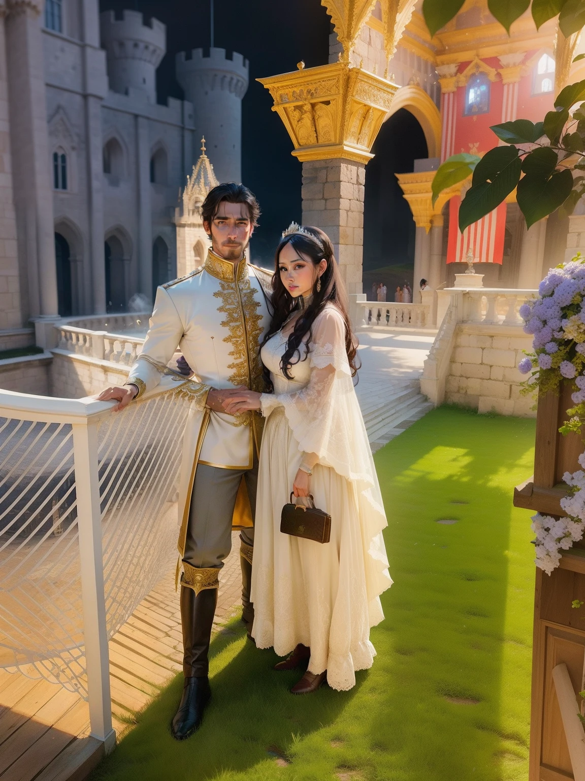 There is a king and queen standing behind a big castle. Real face.