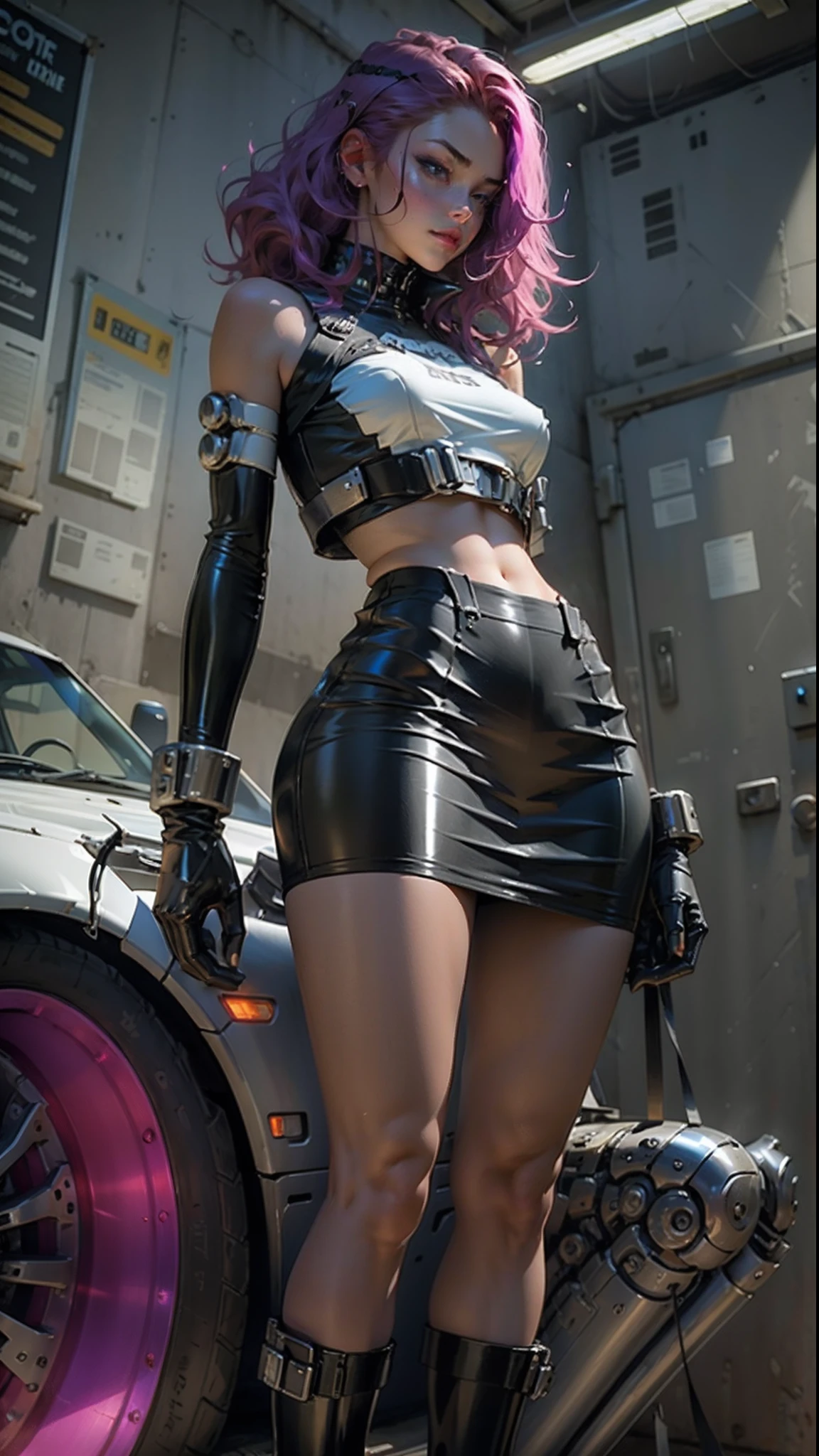 Definition of the woman's body cybernetic thick thigh, body parts, short skirt, latex