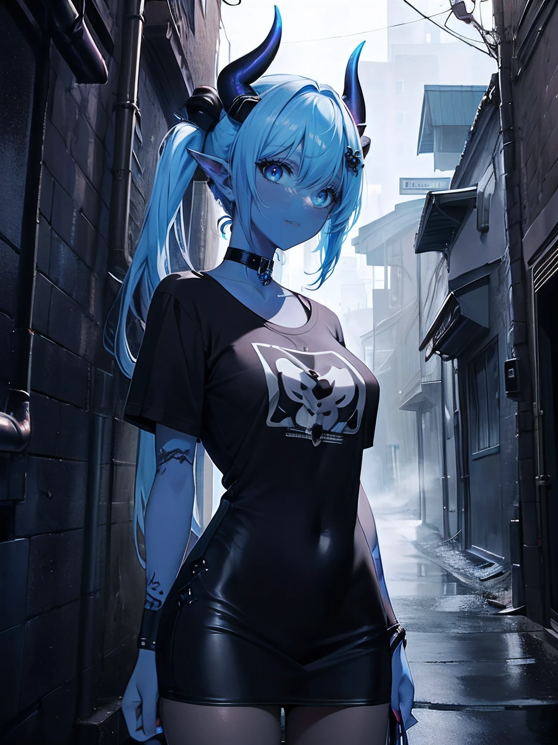 (Obra maestra, La mejor calidad, ultrahigh resolution),1girl,Chica Oni,trompetas,(piel coloreada,piel azul,tono de piel azul),camiseta negra, gargantilla,Moda Rock Punk, Cara hermosa y detallada, ojos detallados,in an alley,Surrounded by tentacles, niebla, (Tema gris)