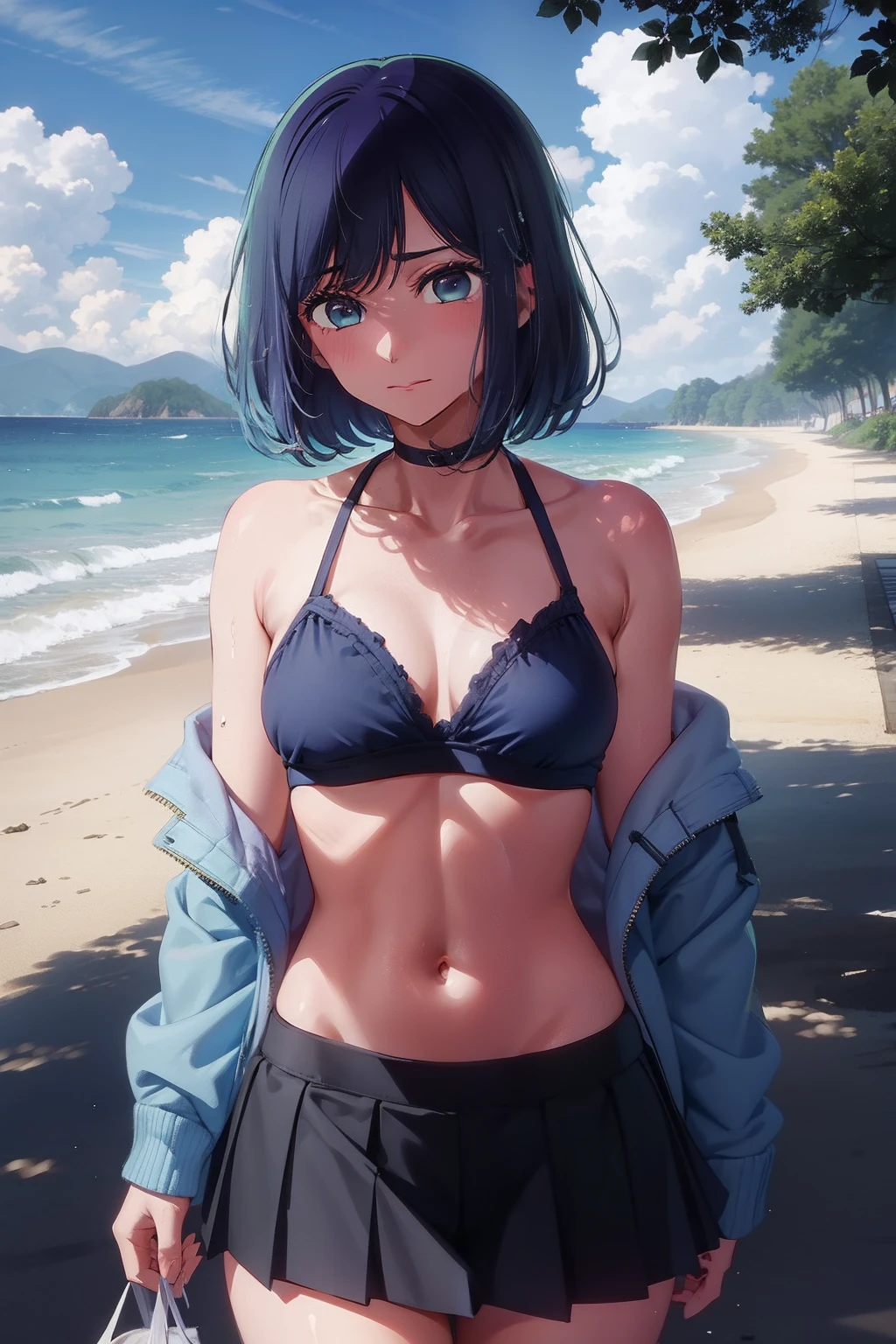 Akane Kurokawa,nackt,blaues Haar,nackt,hot,sexy,beautiful,Perfect Body,1girls,medium boobs,Meisterwerk,Perfektes Gesicht,ausdrucksstarkes Gesicht,nackt,strand,bikini top,no jacked,short skirt,only bikini top,young,not tall,small tighs,short,18 years old,beach,medium tits,small,lust,horny,wet