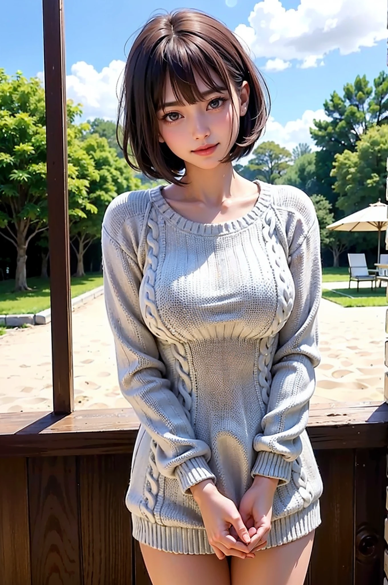 ((top-quality、Top image quality、The ultra -The high-definition、Draw in ultra-high definition、独奏、Look firmly at the camera))、1人、realisitic、depth of fields、natural soft light、during daytime、魅惑的、beauitful face、Cleanliness、Pure face、de pele branca、kawaii、short-hair、the beach、rays of sunshine、nedium breasts、full body Esbian、((Sweaters、Golden Ratio Beauty Face))、long neck、Put your ears out、Clean short bob hair with bangs、Close your mouth and smile very much、Perfect fingers、perfect hand、Perfect body、face perfect、Shine a light into the eyes、Perfect Anatomy、tall supermodel、Long-legged supermodel、Supermodel with a long neck、rather broad shoulders、Arms should be lowered to the sides、to stand、Cowboy Shot、Bright windowsill background