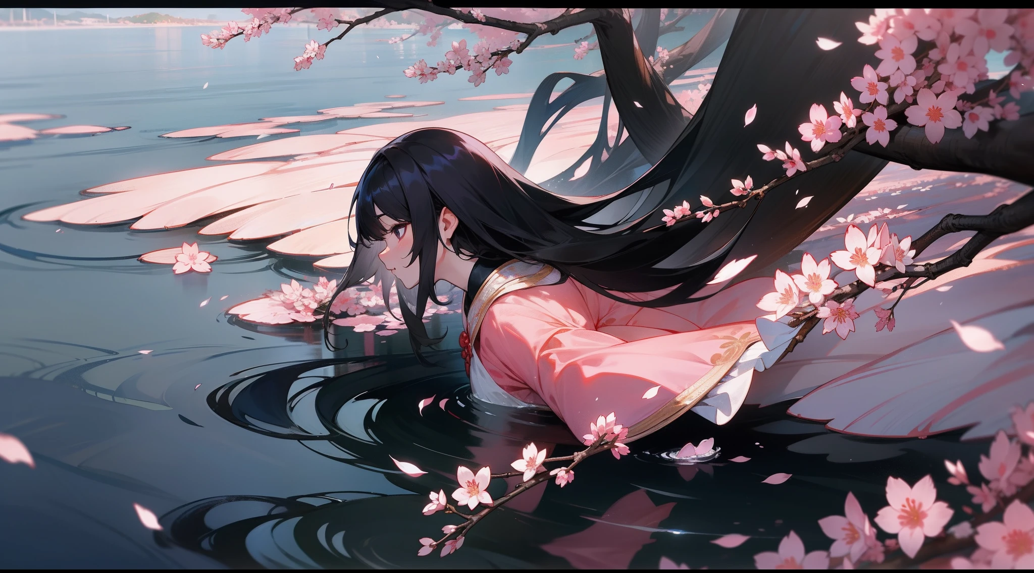 and the wind,Gorgeous erosion,花魁,Long black hair,sakura flowers falling,Night scene,water glow,illumination