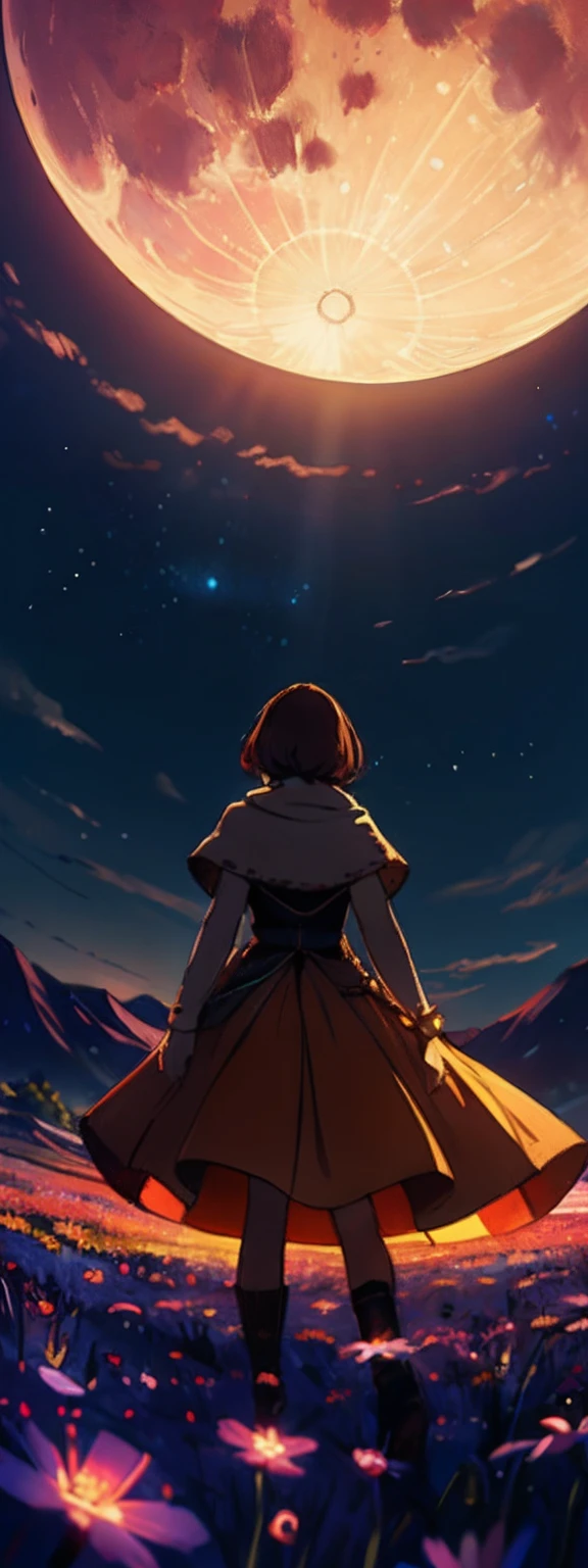 A wide landscape photo, (viewed from below, the sky is above, and the open field is below), a girl standing on a flower field looking up, (full moon: 1.2), (meteor: 0.9), (nebula: 1.3), distant mountains , Trees BREAK Crafting Art, (Warm Light: 1.2), (Firefly: 1.2), Lights, Lots of Purple and Orange, Intricate Details, Volumetric Lighting BREAK (Masterpiece: 1.2), (Best Quality), 4k, Ultra Detailed, (Dynamic Composition: 1.4), Rich in Detail and Color, (Rainbow Color: 1.2), (Glow, Atmospheric Lighting), Dreamy, Magical, (Solo: 1.2)