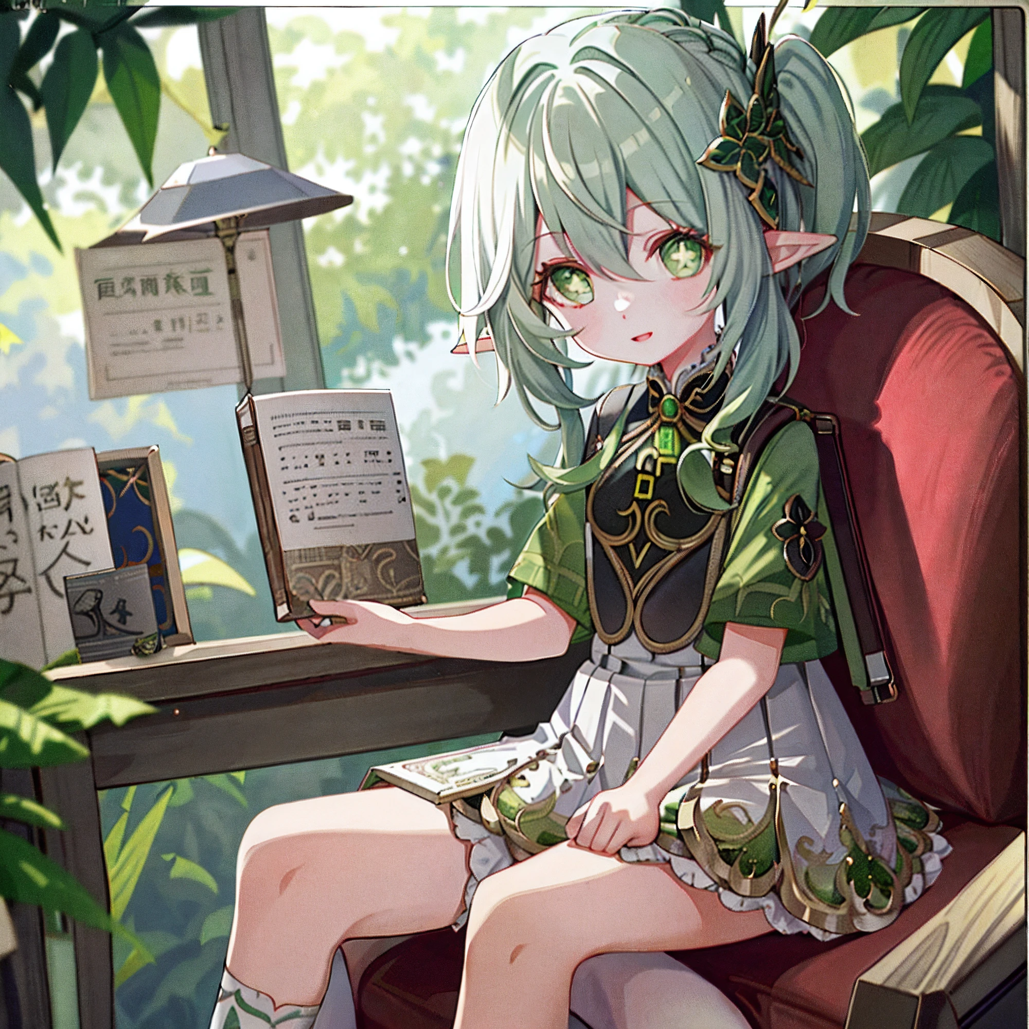 tmasterpiece，best qualityer，1girll，Solo，Nahida_Genshin，Chinese students，（（Chinese school uniform）），Green eyes，More details about the eyes，（（bookbag）），Female Student，Hair is whiter，Green hair，（Have a book at hand），desk，sitting on chair