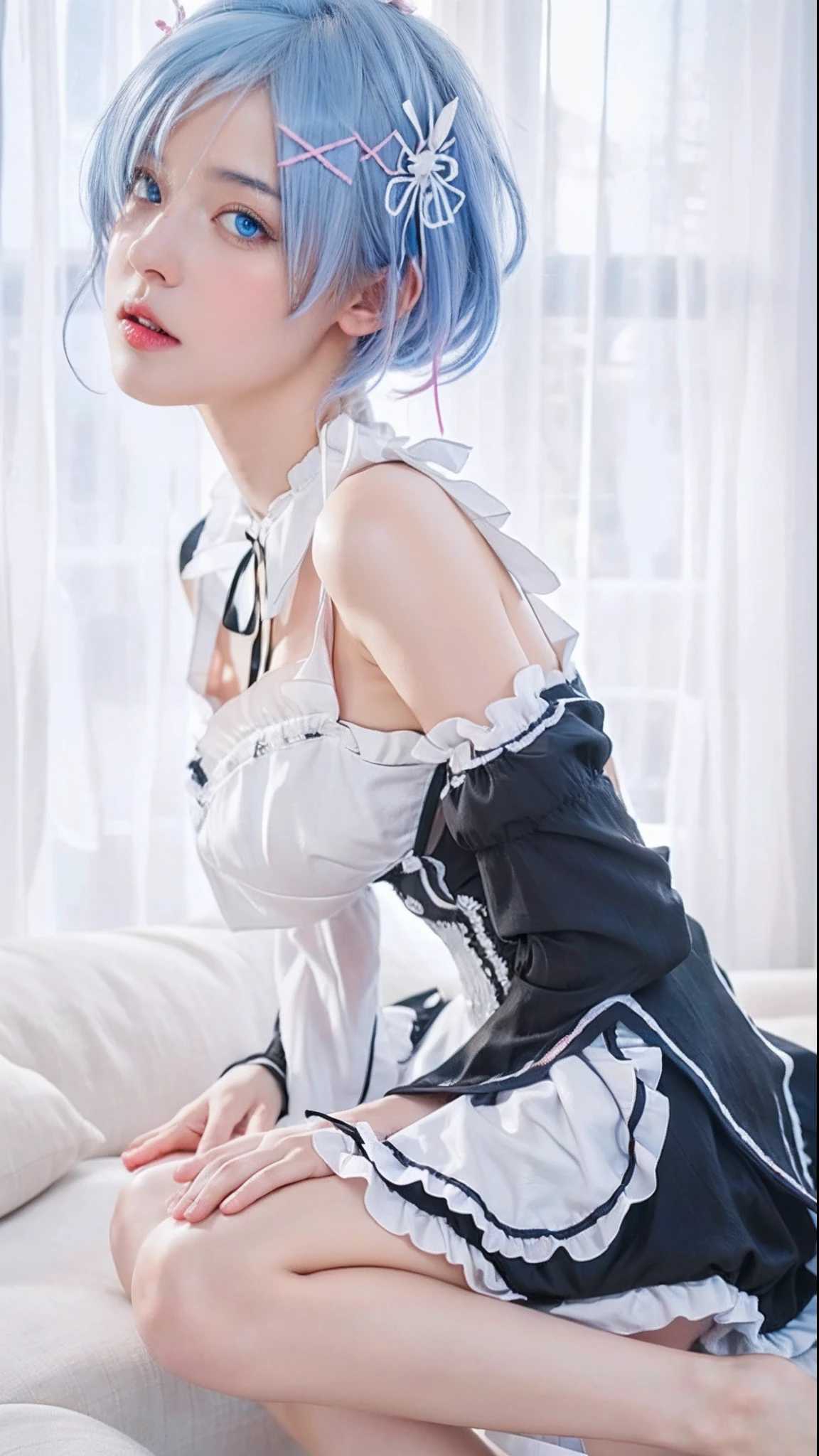 R_E_M, 1girl,(beautiful face:1.25) short blue hair, blue eyes, hair over one eye, hair ornament, pink hair ribbon, rem's maid uniform, detached sleeves, (realistic:1.7),((best quality)),absurdres,(ultra high res),(photorealistic:1.6),photorealistic,octane render,(hyperrealistic:1.2), (photorealistic face:1.2), (8k), (4k), (Masterpiece),(realistic skin texture), (illustration, cinematic lighting,wallpaper),( beautiful eyes:1.2),((((perfect face)))),(cute),(standing),((looking at viewer)),(dynamic pose:1.3), upper body, standing,indoors, living room, sofa, tables, window