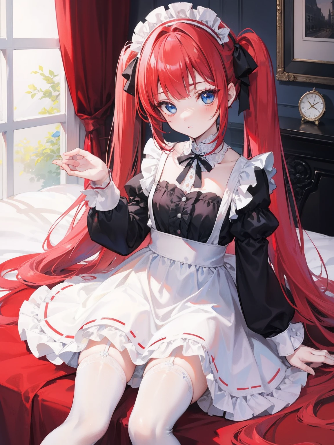 red hair,blue eyes,twintails,maid, long hair, long sleeves, gothic, solo, loli,Short skirt, white stockings,{{best quality}}, {{masterpiece}}, {{ultra-detailed}}, {illustration}, {detailed light}, {an extremely delicate and beautiful}, girl,cute,