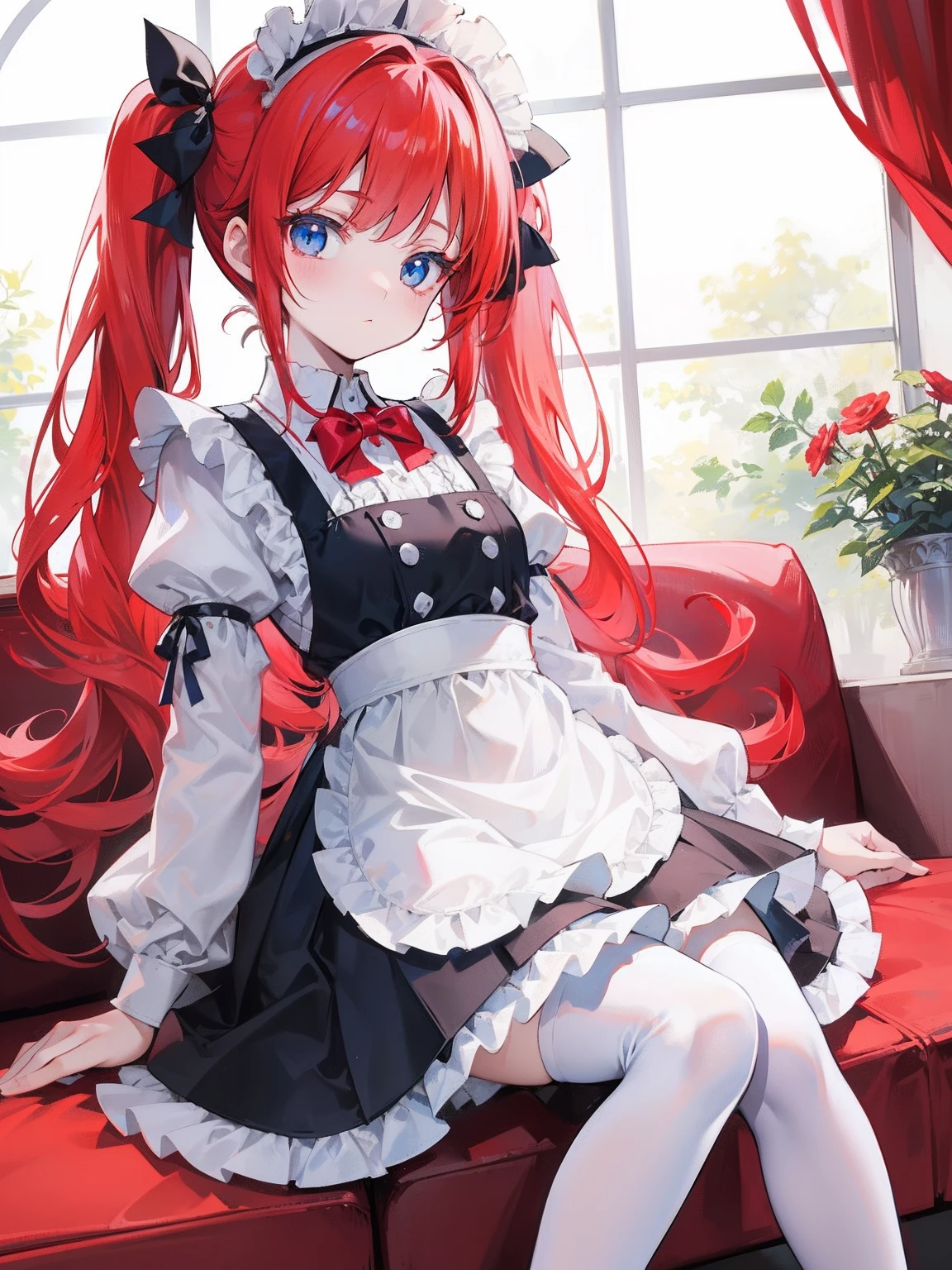 red hair,blue eyes,twintails,maid, long hair, long sleeves, gothic, solo, loli,Short skirt, white stockings,{{best quality}}, {{masterpiece}}, {{ultra-detailed}}, {illustration}, {detailed light}, {an extremely delicate and beautiful},little girl,cute,