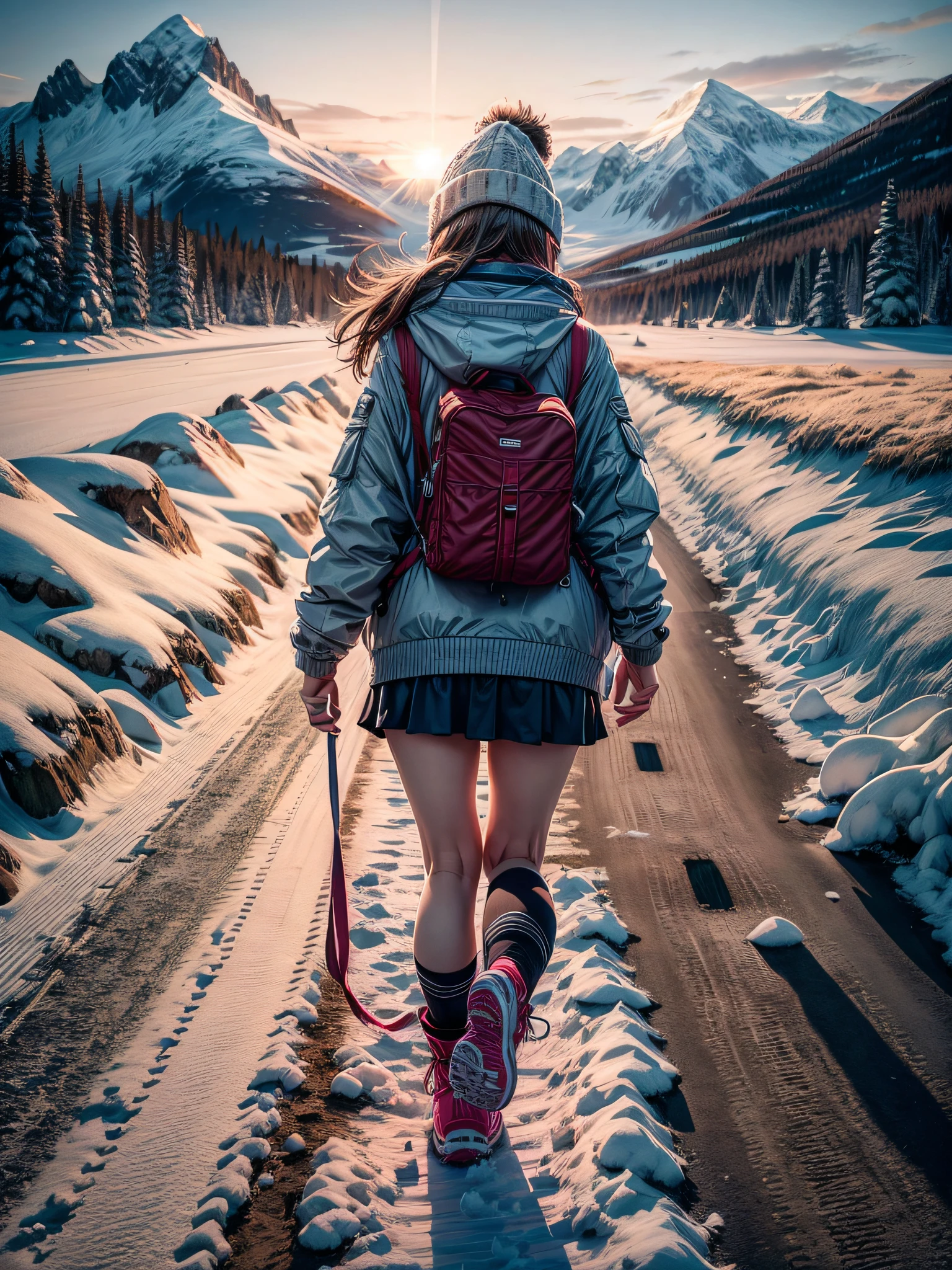1girl , solo, a person Running on a snowy path, from behind, After School, late home, winter clothes, (at night), arctic, glacier, snow, alpine forest, mountainous horizon, sky, trees, (Blur background), specular highlights, bloom, Random Clothes color, (Person focus:1.1), Person with Background contrast color make me easy to remove background, real photography, super realistic rendering, realistic rendering, 8k,   . --v6