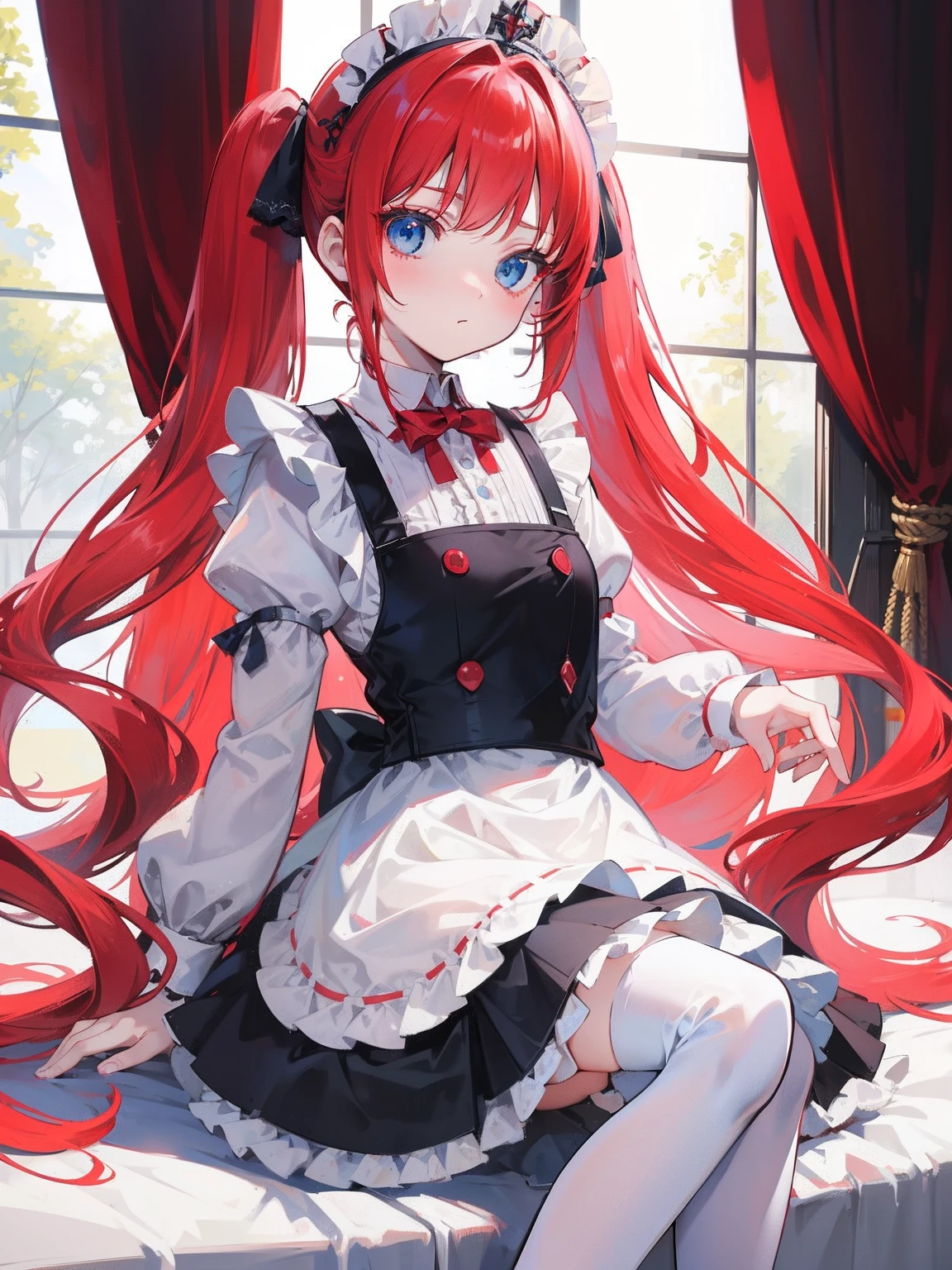 red hair,blue eyes,twintails,maid, long hair, long sleeves, gothic, solo, loli,Short skirt, white stockings,{{best quality}}, {{masterpiece}}, {{ultra-detailed}}, {illustration}, {detailed light}, {an extremely delicate and beautiful},little girl,cute,