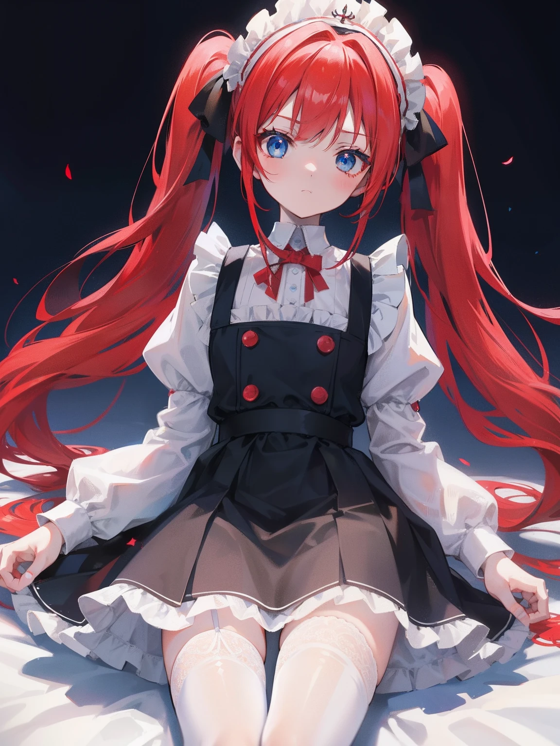 red hair,blue eyes,twintails,maid, long hair, long sleeves, gothic, solo, loli,Short skirt, white stockings,{{best quality}}, {{masterpiece}}, {{ultra-detailed}}, {illustration}, {detailed light}, {an extremely delicate and beautiful}, girl,cute,