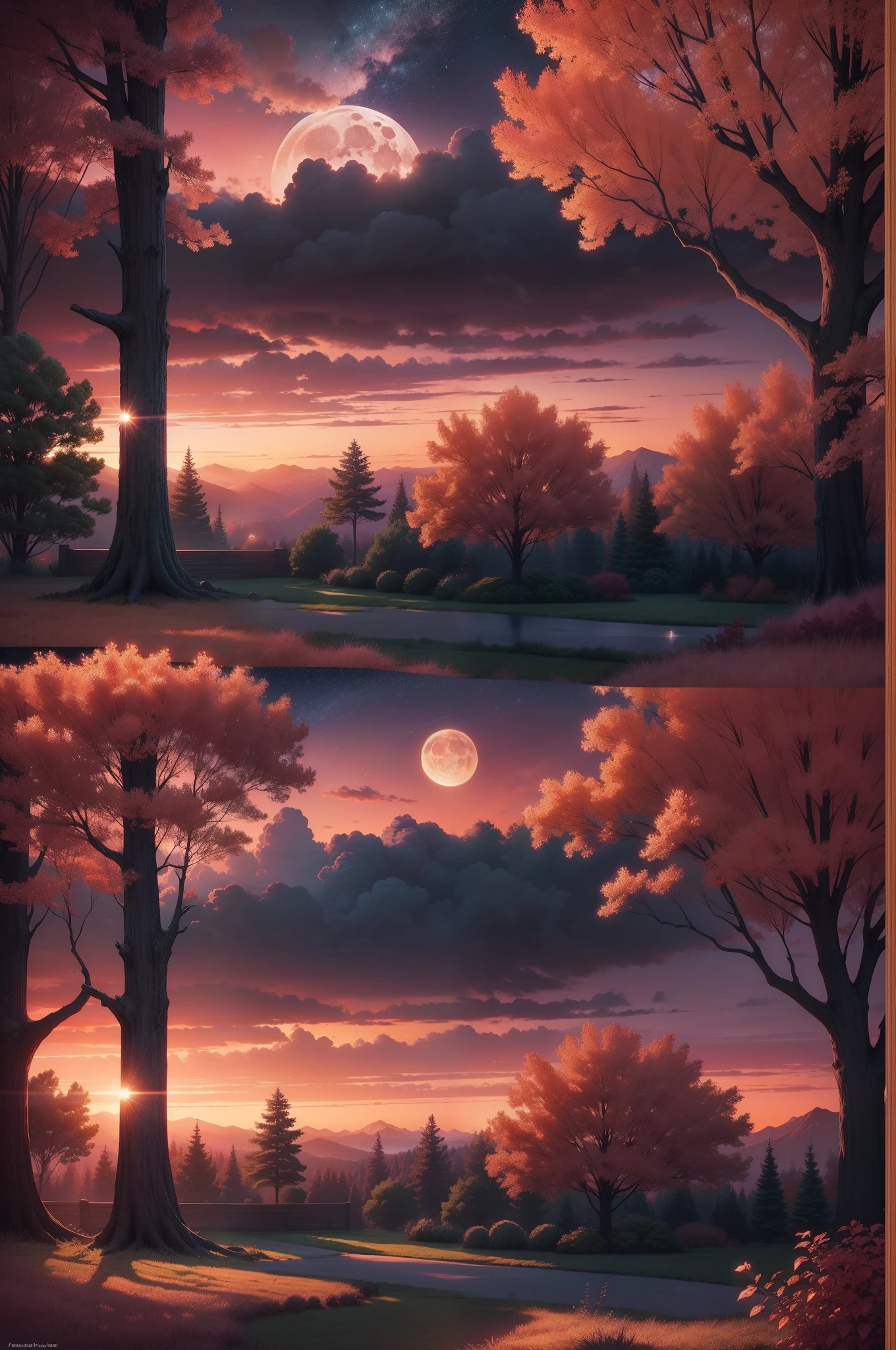 Romantic, Sunset, Yard, beautiful night sky, trees in the distance, beautiful moon, realistic art, high definition, Beautiful landscape in vertical format, Fantasy like