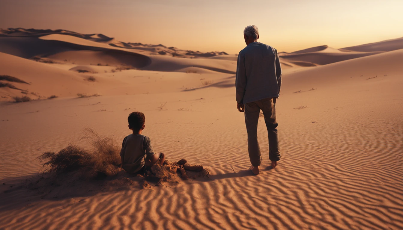 HOMEM VELHO, SENTADO NA AREIA, IN THE DESERT NEXT TO A CHILD, OLHANDO PARA AS ESTRELAS, realistico,