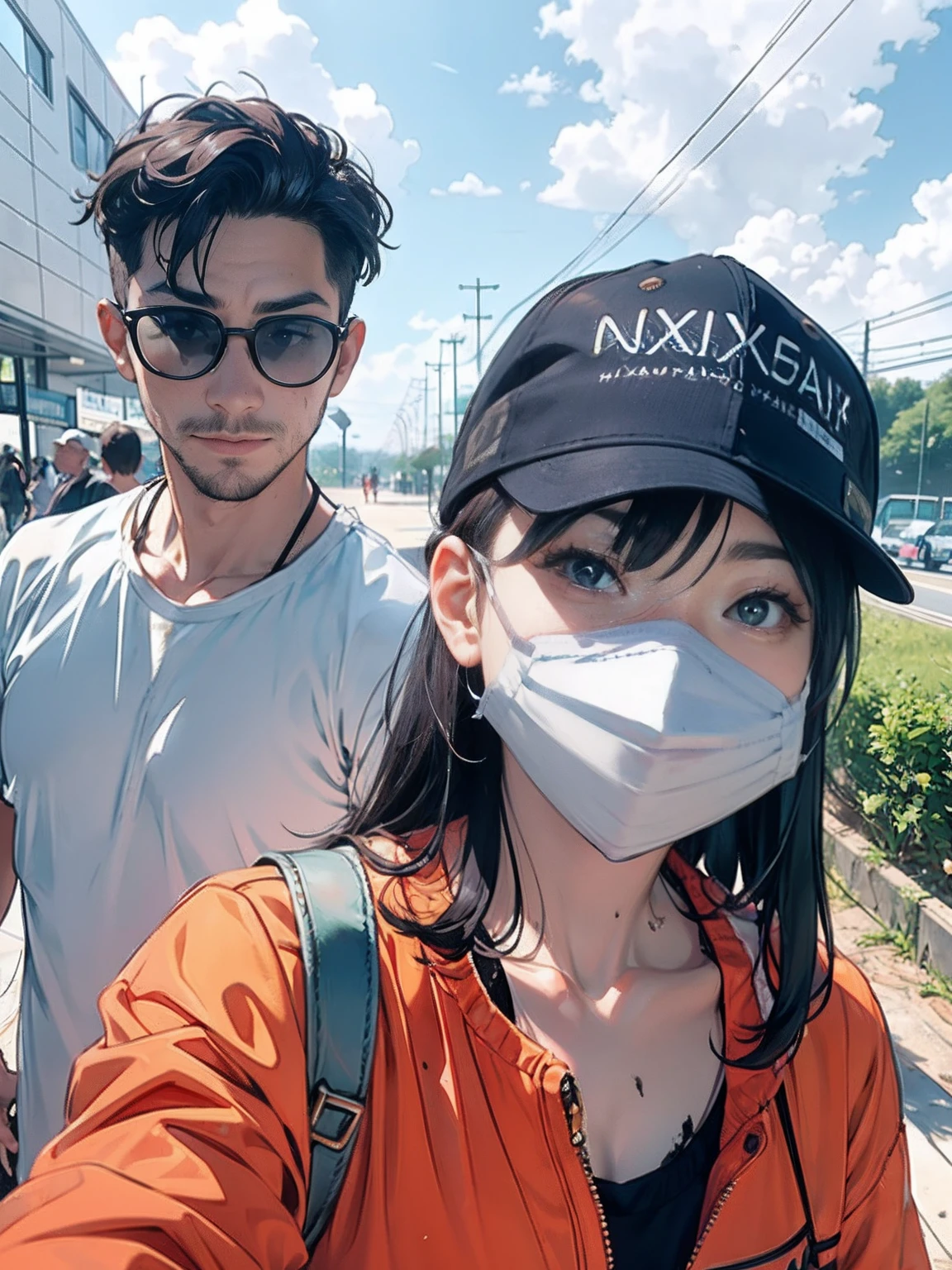 there is a man and a woman wearing masks and hats, 8k selfie photograph, wearing mask, wearing facemask, wearing a mask, people are wearing masks, wearing dirty travelling clothes, wearing facemask and sunglasses, one single mask, mask, wearing all black mempo mask, some of them use gask mask, nixeu and sakimichan