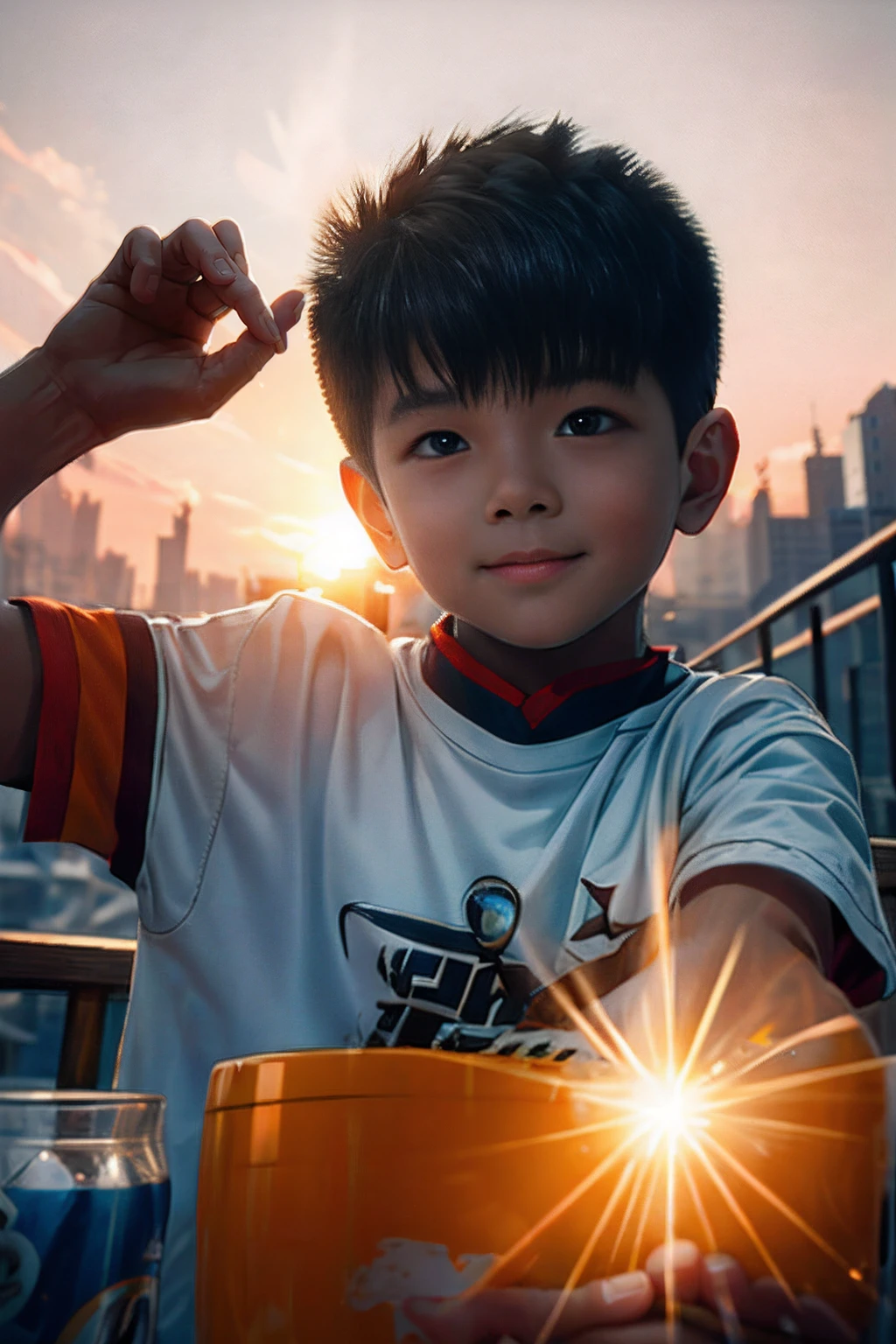 tmasterpiece,best qualityer,cinematic Film still from,1 Boy Central,natta,starrysky,Cloud Boy,floating into the sky,Close-up,brightly,cheerfulness,Soft lighting and warmth,Sun sunset,spark of light