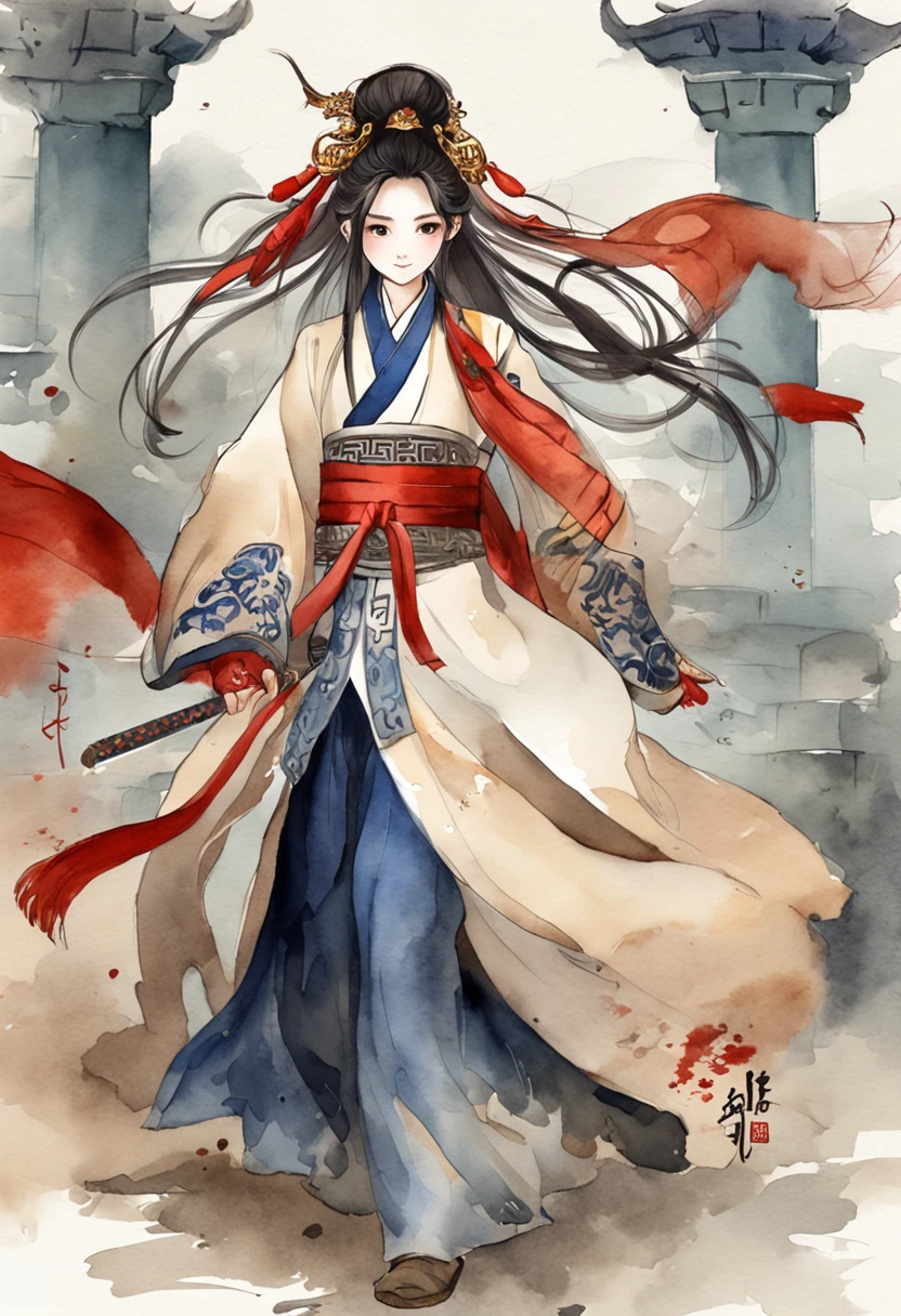 Jin Yong's novel character Guo Jing has a darker face, thick eyebrows and big eyes, wears a strong suit, pedals and fast boots, and stands in front of an ancient temple with a sword in his hand, watercolor techniques