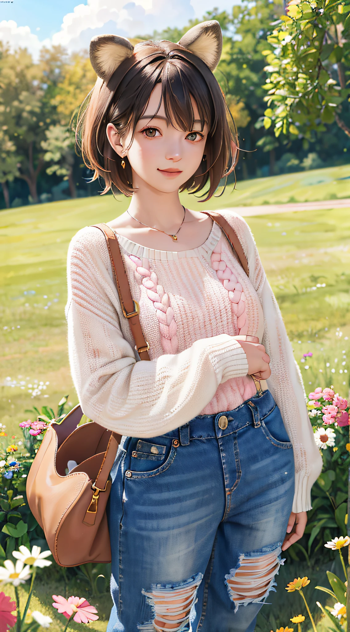 (Masterpiece:1.5, Best quality:1.5), Realistic, (Ultra photo realsisim:1.5), (photograph realistic:1.5), (Real picture, Intricate details), view the viewer, (8K wallpaper:1.5) (From knee to head:1.15), (Detailed face:1.5), (Detailed eyes:1.5), (clear photo),Highly detailed, Ultra-detailed, 超高分辨率, (strong depth of field:1.5)
Style - cute and playful
Positioning—Open field
Background - blue sky and white clouds
Theme - girl with pink knitwear and animal ear caps, Holding a teddy bear
View—Front view
Appearance - short hair, Bright eyes, Ruddy cheeks
Clothing - pink knitted sweater, jeans overalls, White sneakers, Animal ear caps
Posture - Stand with a big smile, Hug the teddy bear
Details - wildflowers and tall grass in the background, Butterflies and birds flying around
Effect - warm sunlight shines on the girl, Cast a soft glow
Description - A cute and innocent girl enjoying her time in an empty field, Surrounded by the beauty of nature. She wears a pink knitted sweater, jeans overalls, Wearing animal ear caps when hugging teddy bears. The warm sun shines on her,wildflowers gently swaying in the breeze. Butterflies and birds flew around her, adding to the playful atmosphere.
