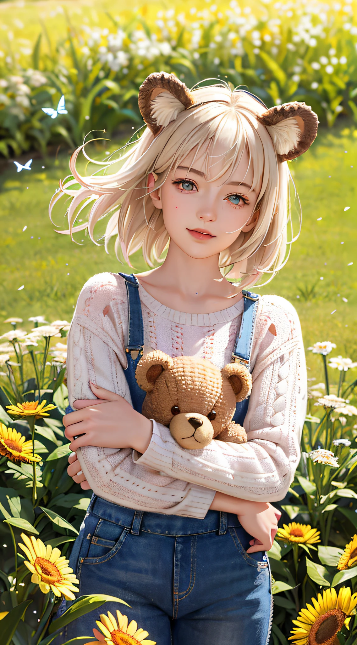 (Masterpiece:1.5, Best quality:1.5), Realistic, (Ultra photo realsisim:1.5), (photograph realistic:1.5), (Real picture, Intricate details), view the viewer, (8K wallpaper:1.5) (From knee to head:1.15), (Detailed face:1.5), (Detailed eyes:1.5), (clear photo),Highly detailed, Ultra-detailed, 超高分辨率, (strong depth of field:1.5)
Style - cute and playful
Positioning—Open field
Background - blue sky and white clouds
Theme - Little girl with pink knitwear and animal ear caps, Holding a teddy bear
View—Front view
Appearance - short hair, Bright eyes, Ruddy cheeks
Clothing - pink knitted sweater, jeans overalls, White sneakers, Animal ear caps
Posture - Stand with a big smile, Hug the teddy bear
Details - wildflowers and tall grass in the background, Butterflies and birds flying around
Effect - warm sunlight shines on the girl, Cast a soft glow
Description - A cute and innocent girl enjoying her time in an empty field, Surrounded by the beauty of nature. She wears a pink knitted sweater, jeans overalls, Wearing animal ear caps when hugging teddy bears. The warm sun shines on her,wildflowers gently swaying in the breeze. Butterflies and birds flew around her, adding to the playful atmosphere.
