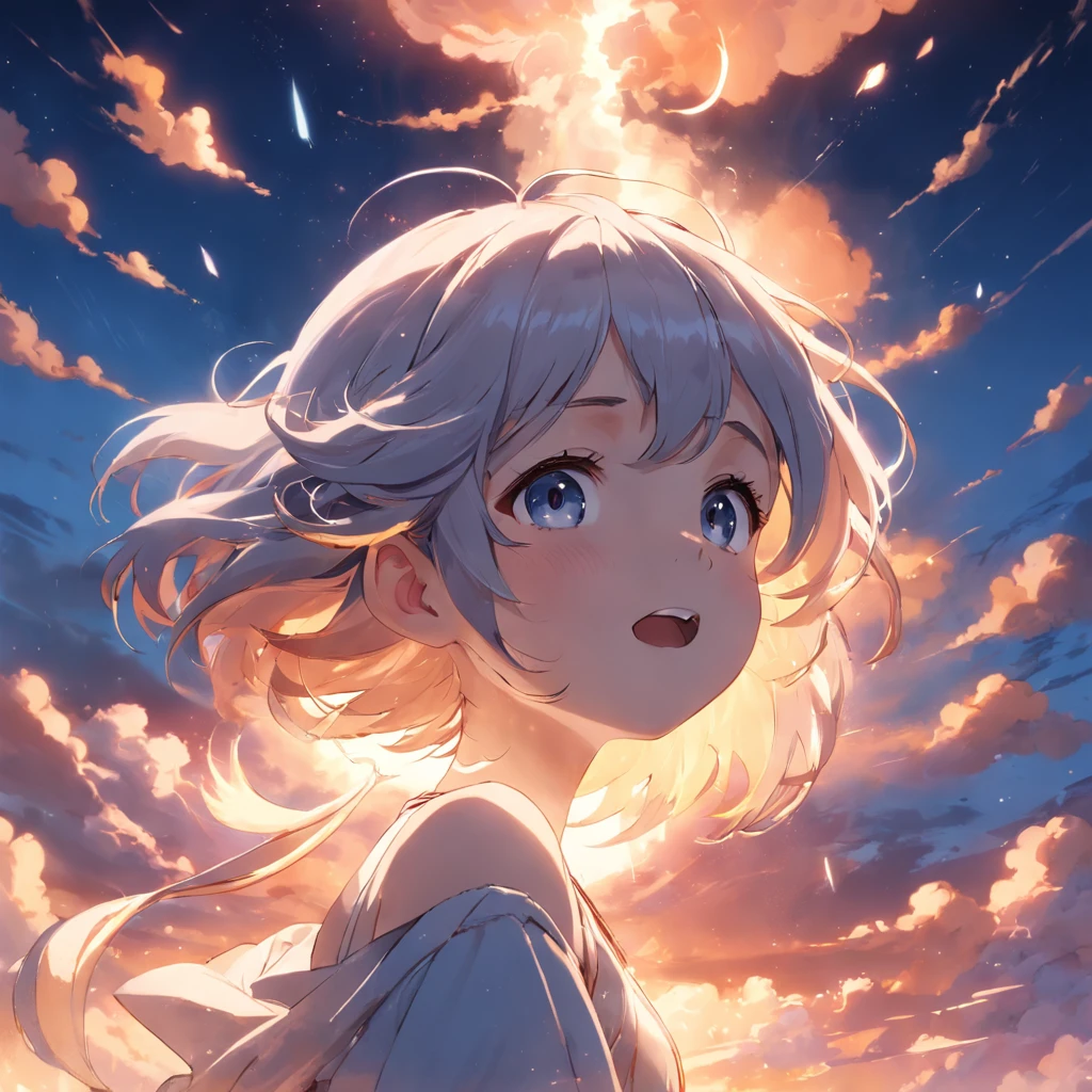 masterpiece, best quality, movie still, 1girl, cloud girl, floating in the sky, close-up, bright, happy, warm soft lighting, sunset, (sparks:0.7)