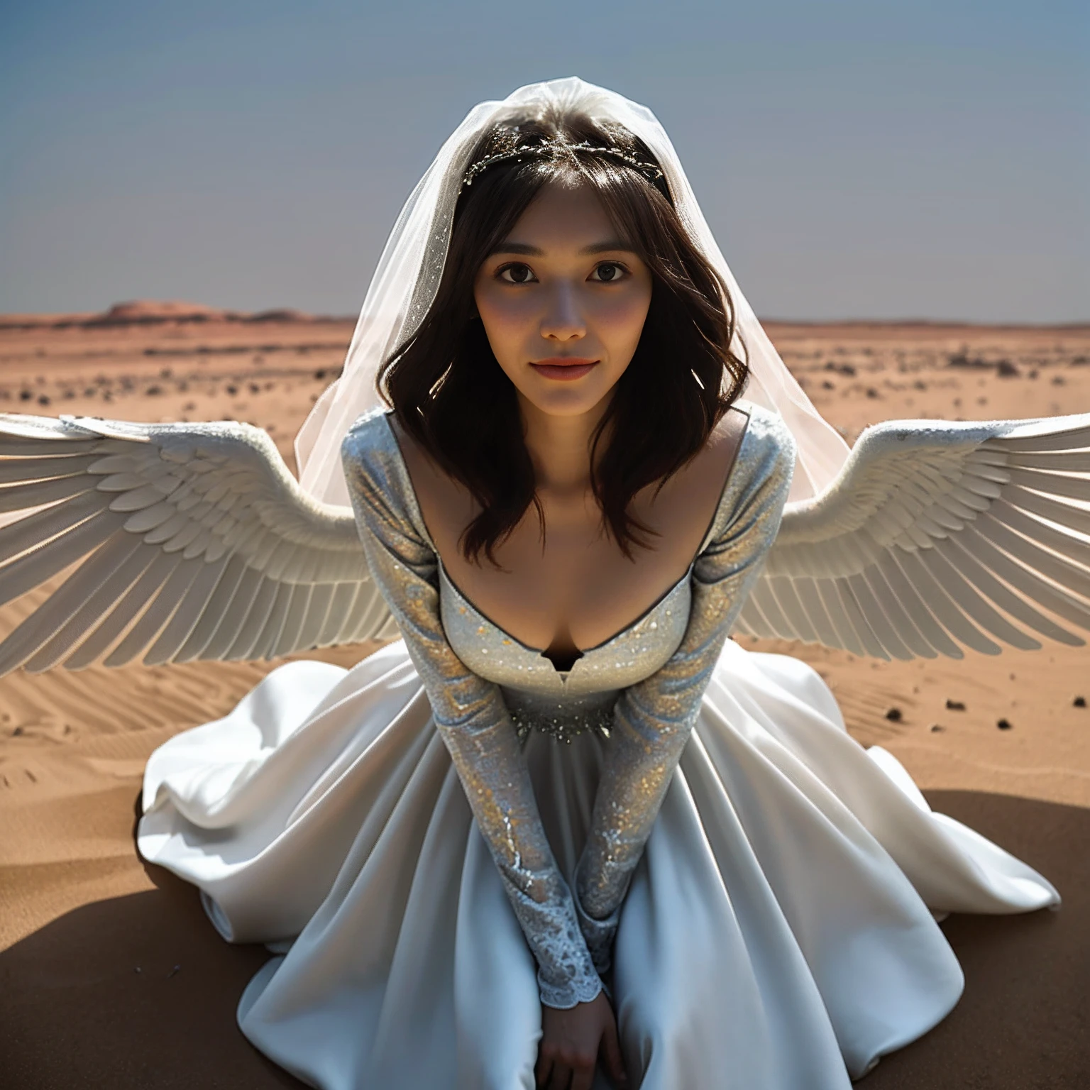 Desolate Mars,A woman with a faint smile, in wedding dresses,Deep V, Fly with two wings,High quality,Masterpiece,full bodyesbian, Anatomically correct,in a panoramic view,First-role perspective