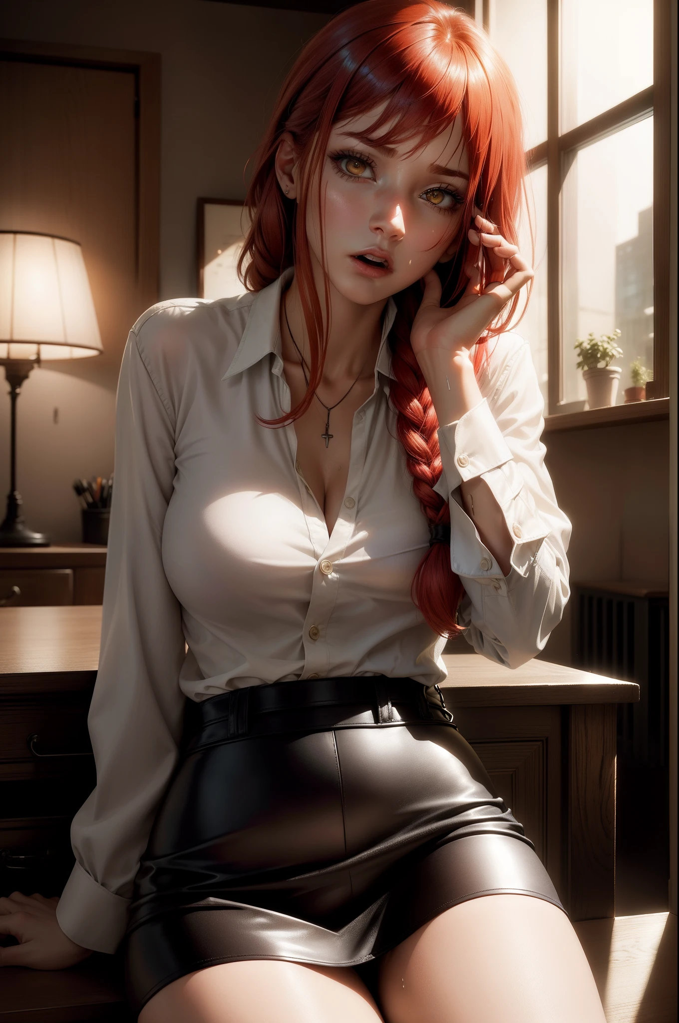 Makima from chainsaw man, there is a desk in a room with a window and a lamp, ((Makima is sitting at the chair next to the desk)), ((Makima is looking at the ground with a shocked face)), red hair, glistening yellow eyes, detailed face, soft lips, soft skin, extremely detailed face, perfect quality, wet skin and hair, medium soft breasts, red hair, fashion realistic, high-definition sysie details, photography , sharpness, unique 850 4, f1.6 lens, rich colors, super realistic texture, spectacular texture, surreal art, Cinestil 800 fashion mechanism, moody, braided red hair, makima from chainsaw man hair style, white shirt, black leather skirt, moody colors, (shocked face!!!), (frustrated face!!)