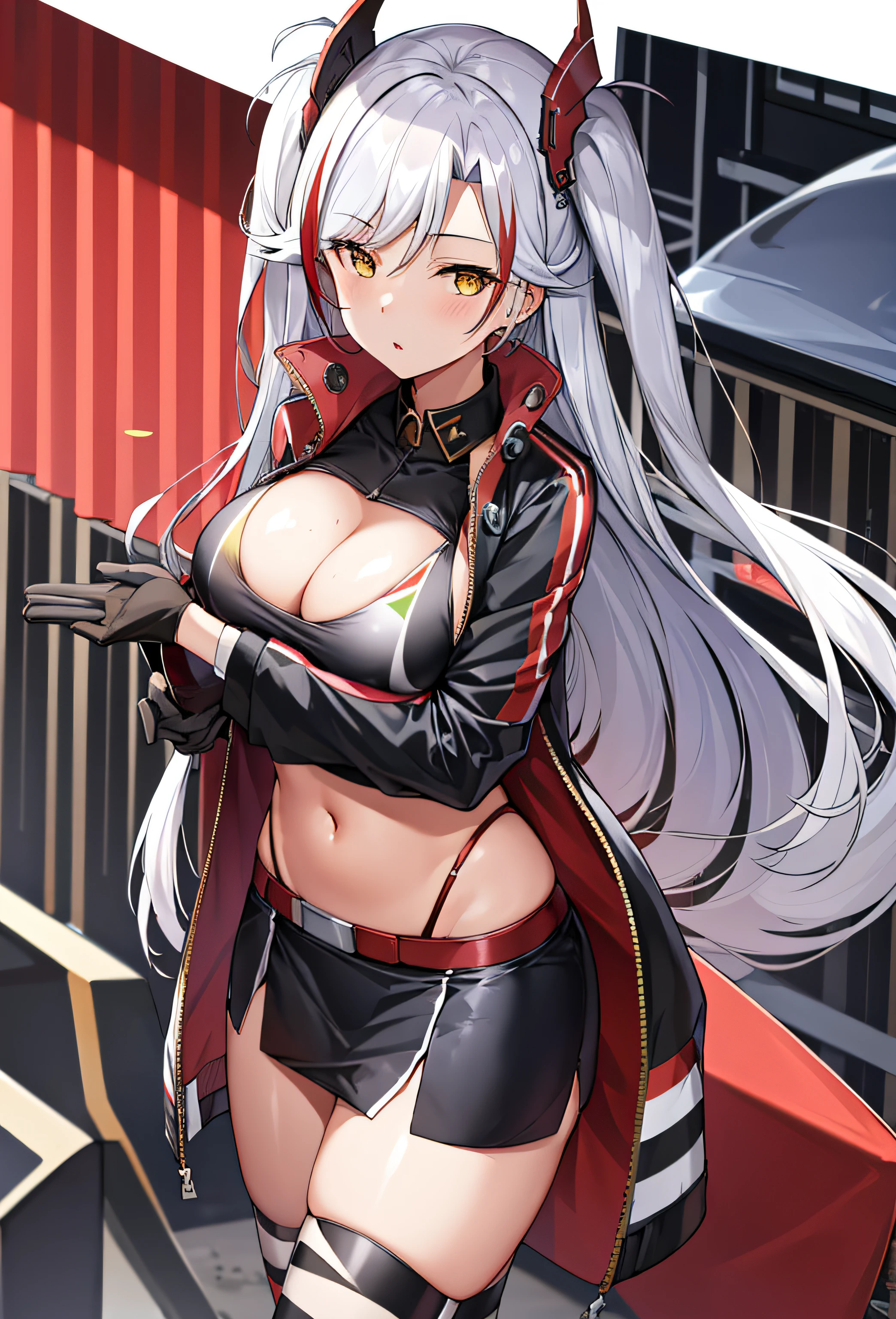 masutepiece, Best Quality, PrinzV4, 1girl in, Solo, Long hair, breasts, Looking at Viewer, Skirt, Large breasts, gloves, Navel, Holding, Jacket, Yellow eyes, White hair, Red hair, multicolored hair, Open your clothes, Black Gloves, Open jacket, official alternate costume, striated hair, Black jacket, put hands on the hip, underboob, Headgear, a flag, Red panties, Race Queen, Pending Flag,