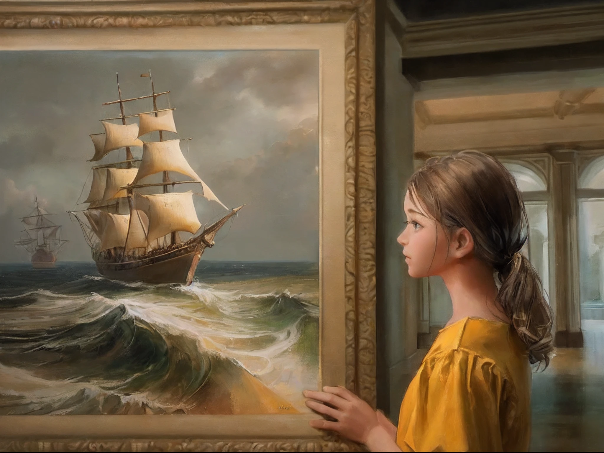 a picture of a young girl looking at an oil painting in a museum, the girl wearing a yellow dress (best details, Masterpiece, best quality: 1.5), the painting describes old ship at sea (best details, Masterpiece, best quality: 1.5), modern museum background, ultra best realistic, best details, best quality, 16k, [ultra detailed], masterpiece, best quality, (extremely detailed), ultra wide shot, photorealism.