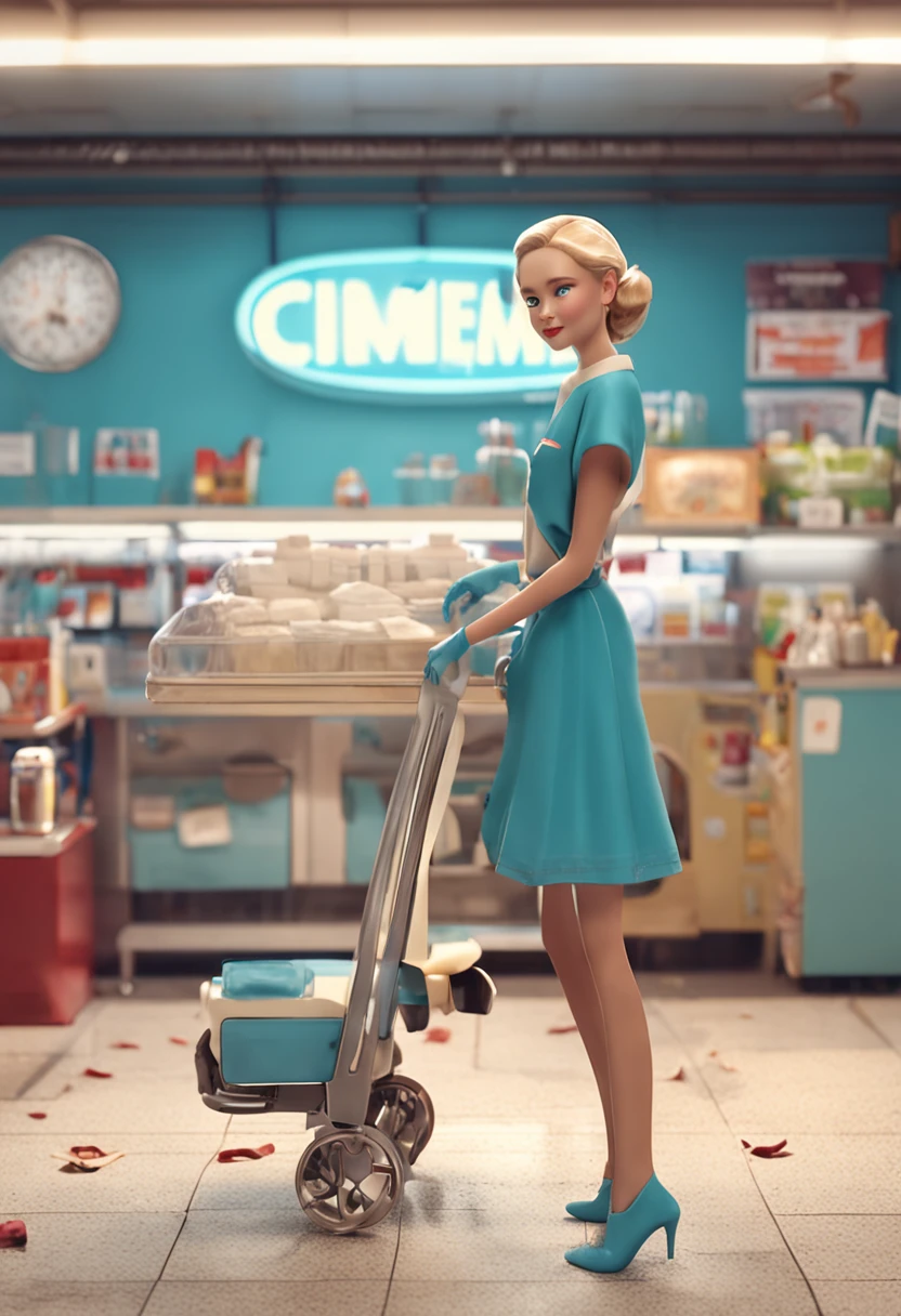 ((top-quality、8k、masterpiece:1.3))、Crisp focus:1.2、Beautiful Women in Perfect Style:1.4、((blondehair、huge tit:1.2)), hyperdetailed face,20yr old、Eyes that laughed、Realistic Woman、Light blue paper apron and white scrub、Dental Hygienist、dentistry、dentist、clinic、Solo Shot、short-cut、surgical mask、masks、gloves、rubber glove、, Detailed eyes, 二重まぶた