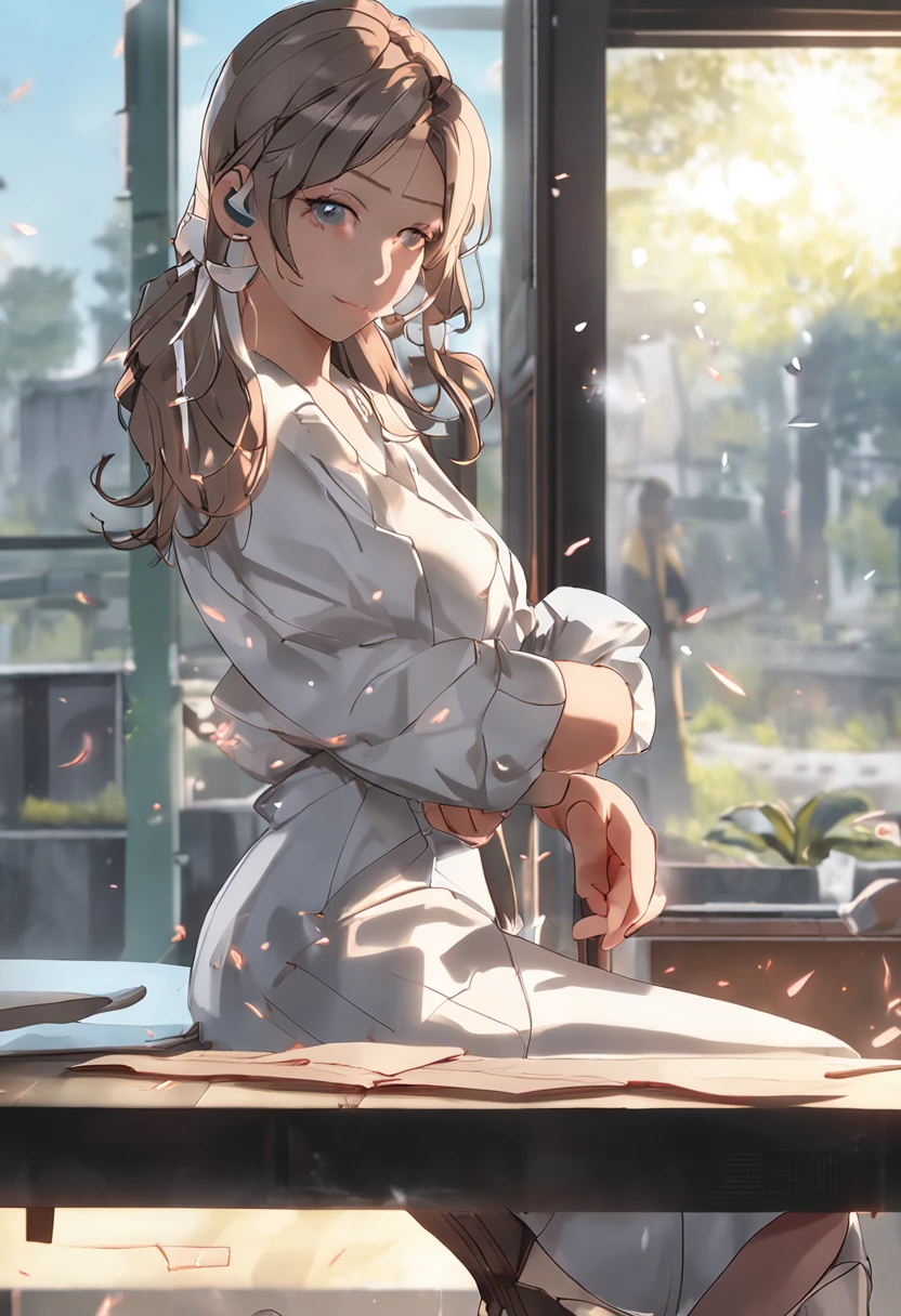 ((top-quality、8k、masterpiece:1.3))、Crisp focus:1.2、Beautiful Women in Perfect Style:1.4、((blondehair、huge tit:1.2)), hyperdetailed face,20yr old、Eyes that laughed、Realistic Woman、Light blue paper apron and white scrub、Dental Hygienist、dentistry、dentist、clinic、Solo Shot、short-cut、surgical mask、masks、gloves、rubber glove、, Detailed eyes, 二重まぶた