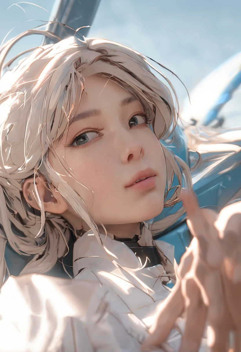 ((top-quality、8k、​masterpiece：1.3))、Crisp focus：1.2、Beautiful Women in Perfect Style：1.4、((blondehair、huge tit：1.2)), hyperdetailed face,20yr old、Eyes that laughed、Realistic Woman、Light blue paper apron and white scrub、Dental Hygienist、dentistry、dentist、clinic、Solo Shot、short-cut、surgical mask、masks、gloves、rubber glove、, Detailed eyes, 二重まぶた