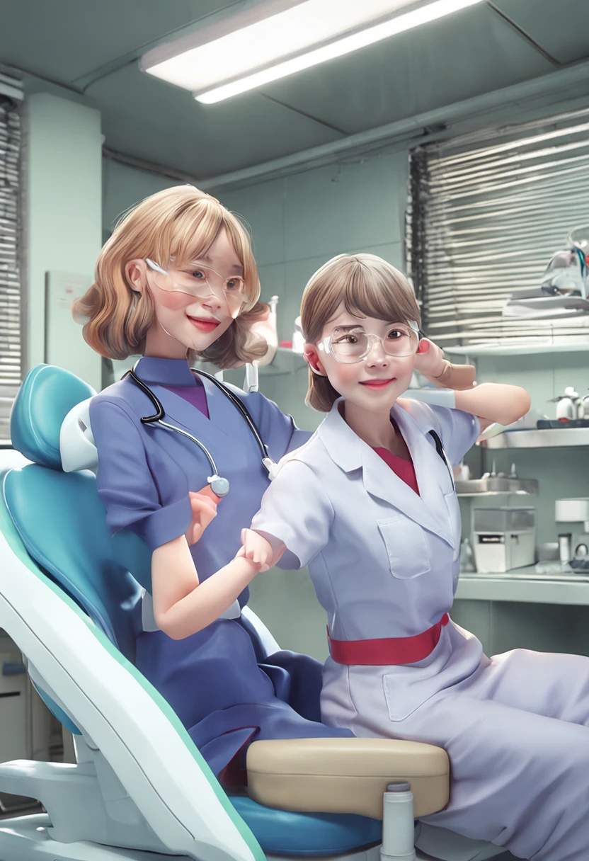 British woman、20yr old、Cool gaze、Human skin feel、Realistic Woman、Wearing a blue paper apron and white scrub、Dental Hygienist、dentistry、dentist、clinic、Solo Shot、short-cut、surgical mask、masks、gloves、rubber glove、