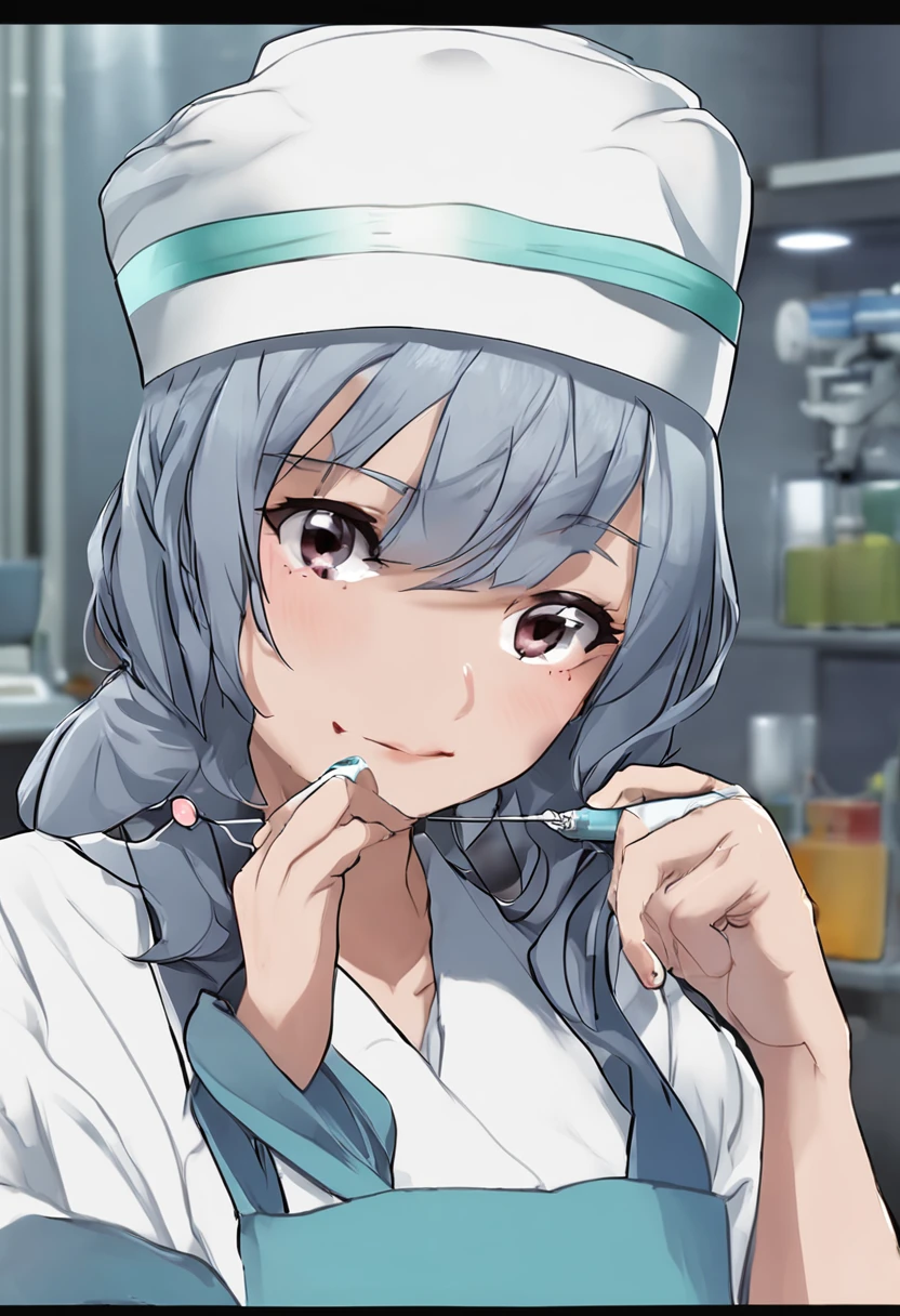 British woman、20yr old、Cool gaze、Human skin feel、Realistic Woman、Wearing a blue paper apron and white scrub、Dental Hygienist、dentistry、dentist、clinic、Solo Shot、short-cut、surgical mask、masks、gloves、rubber glove、