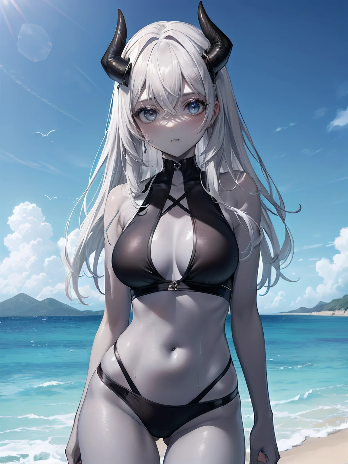 (Obra maestra, La mejor calidad, ultrahigh resolution),1girl,trompetas,(piel coloreada,piel gris,tono de piel gris),two piece swimsuit,Black swimsuit, Cara hermosa y detallada, ojos detallados, en la playa,niebla,(Tema gris)