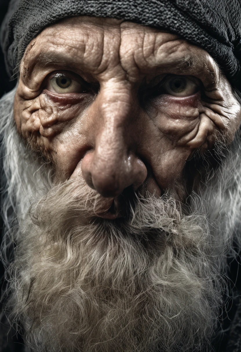 Epic close-up portrait,Strong sinister eyes in later years,Long white beard,Long Nose,(bald-headed:1.5),Framed with faded old clothes, Tattered white linen hood,reflecting golden sparks in the irises of the eyes,White eyebrows,is in night,dramatic lighting,hight contrast,Highest definition,ultra-realistic realism,ultra-realistic realism,realisticlying,A high resolution,HDR photography,8K,