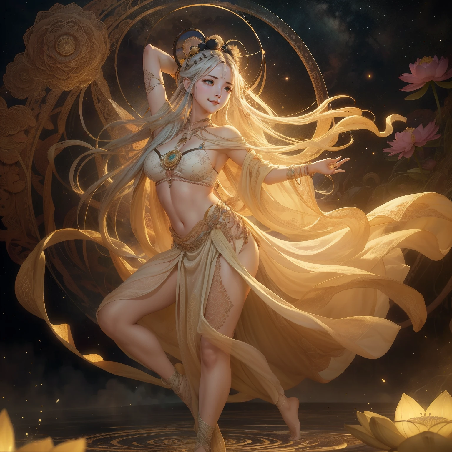 (RAW photo, best quality), (realistic, photo-realistic:1.3),best quality,highly detailed,masterpiece,ultra-detailed,illustration,1girl,cowboy shot,dynamic angle,world masterpiece theater,messy_long_hair,best quality,extremely detailed CG unity 8k wallpaper,ink,Amazing,cinematic lighting,lens_flare, dunhuang_style,dance pose,from below,Lotus flower,Lotus flower pool,no shoes,In the desert, starry sky,evil smile,zentangle, mandala, tangle, entangle,cute face,white hair,large tits,abs,wide hips,floating in the air,blond hair,cloudes,
