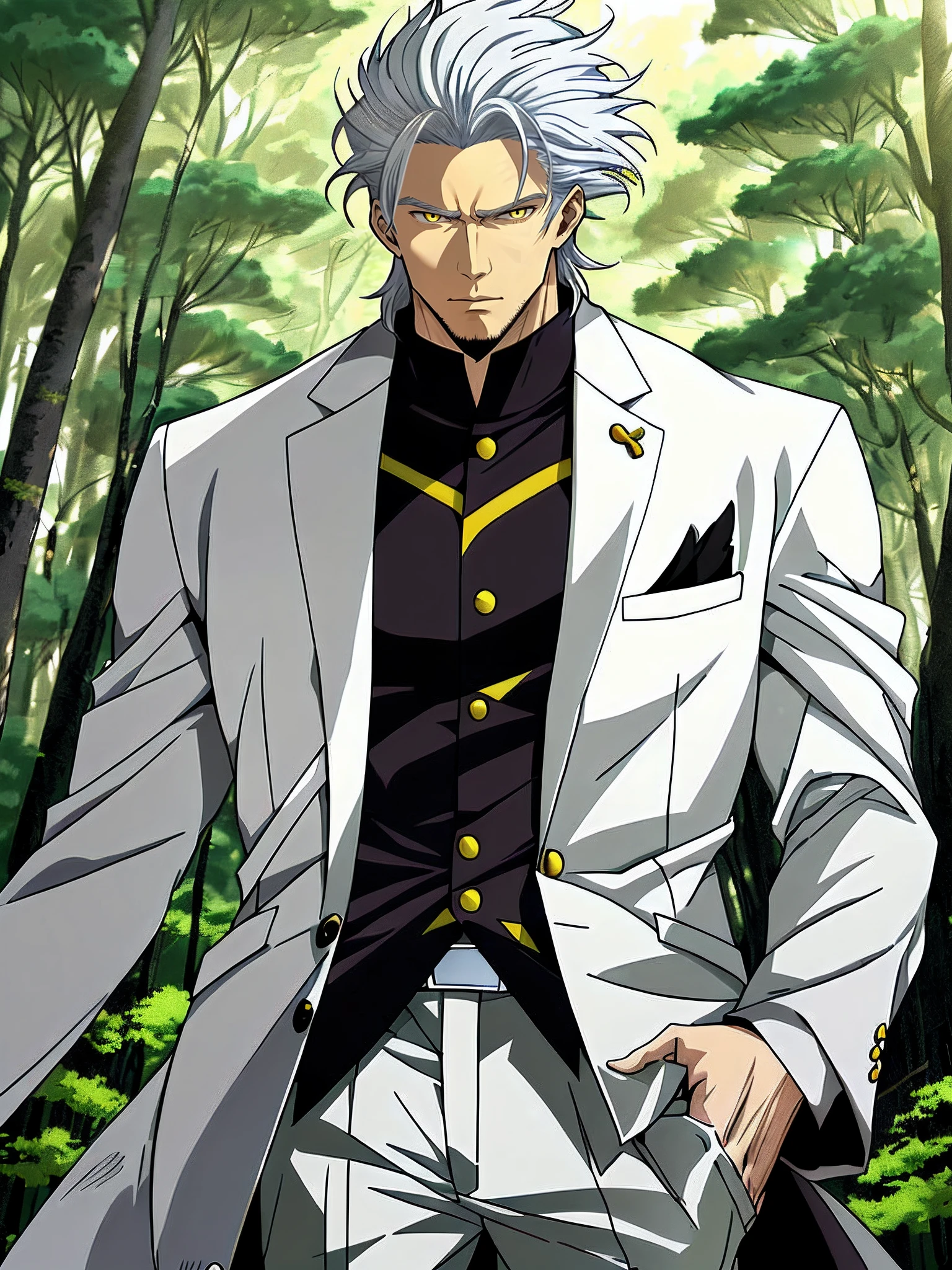 Anime characters with white hair and yellow eyes standing in the green woods,White clothes，Anime portrait of a handsome man, Tall anime man with yellow eyes, Anime handsome man, a silver haired mad, White color hair, handsome guy in demon killer art, offcial art