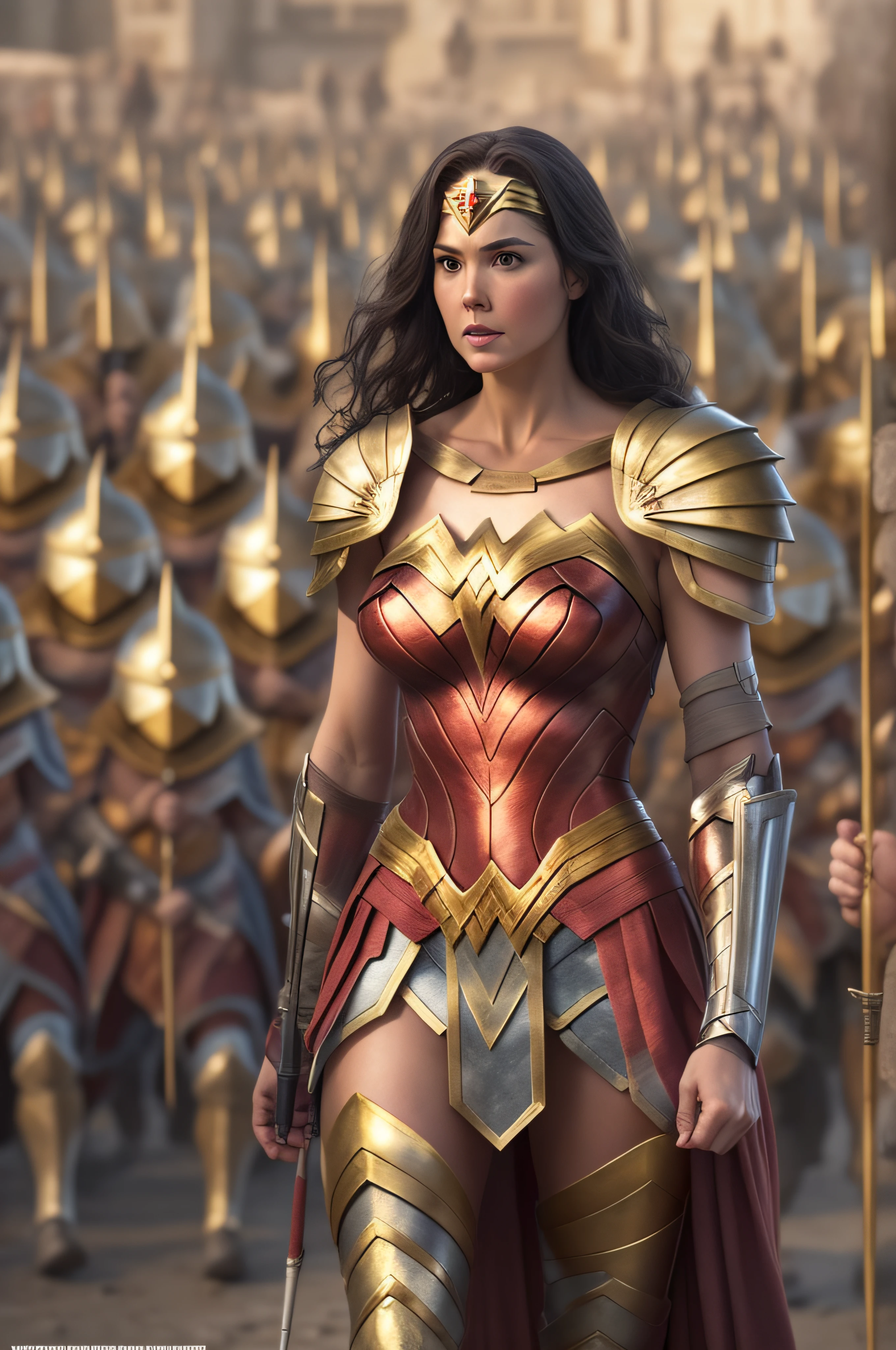 Hundreds of Wonder Woman medieval female army in paladin armor low full body view far away wide lens, hyper-detailed army, hyper-detailed body, hyper-detailed face, golden castle background, realistic, 3rd person POV, third person point of view,