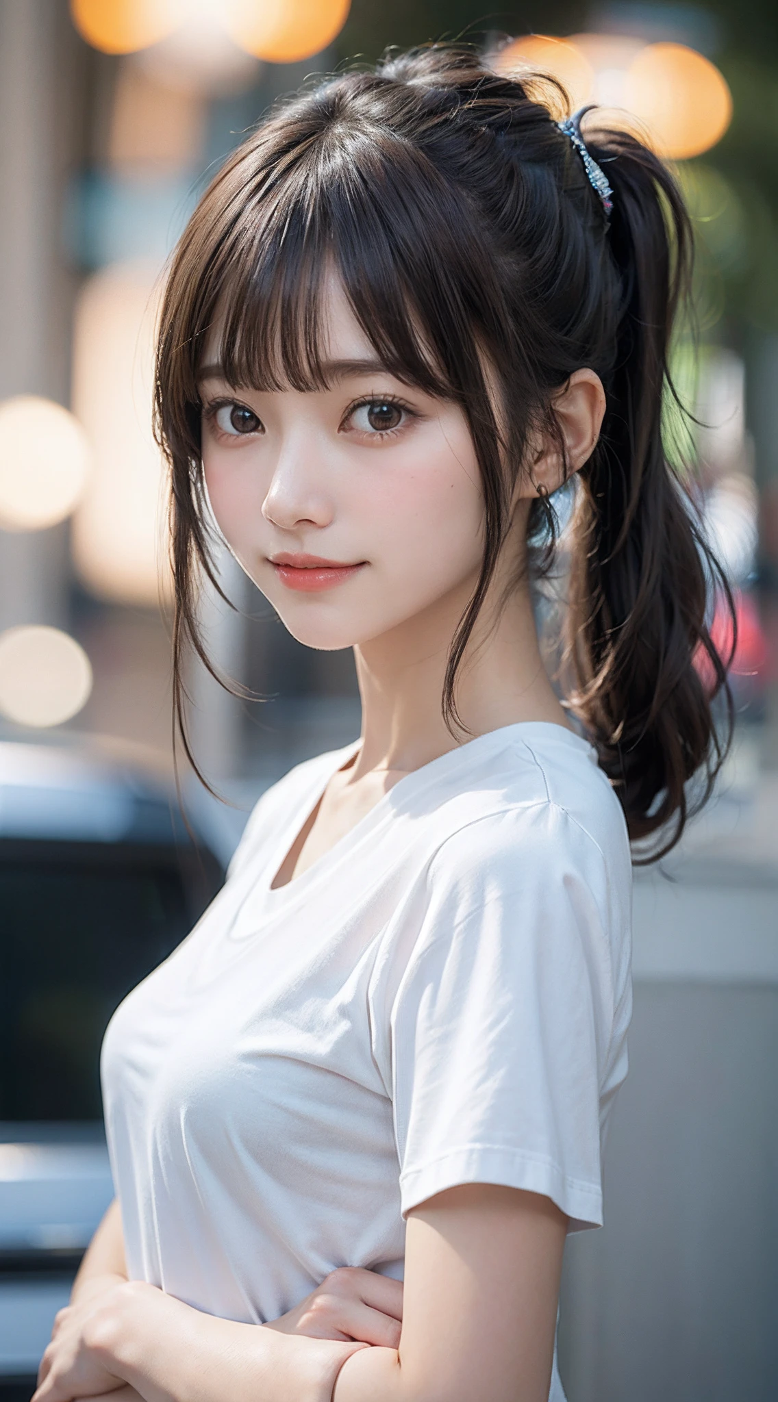 masutepiece, Best Quality, 8K, 1 girl, 20 yo, Full body, Solo, Cute, Girly, Delicate girl, Neat and clean beauty, Raw photo, Professional Photography, Portrait, Soft light, Professional Lighting, Back lighting, look forward to your eyes, Sophisticated, Film grain, (Eyes and faces with detailed:1.0), medium length floating hair, Beautiful flowing hair, Bangs,