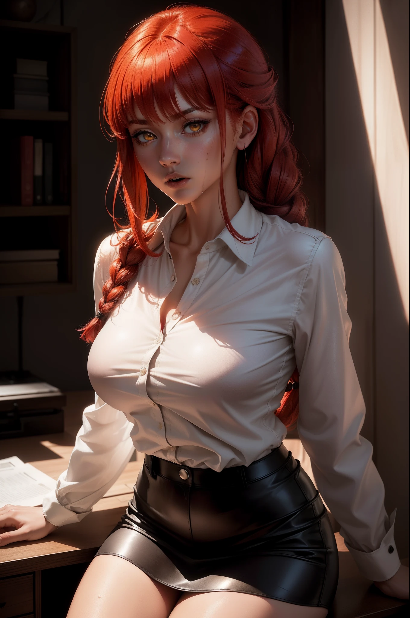 Makima from chainsaw man, there is a desk in a room with a window and a lamp, Makima is sitting at the desk, red hair, glistening yellow eyes, detailed face, soft lips, soft skin, extremely detailed face, perfect quality, wet skin and hair, medium soft breasts, red hair, fashion realistic, high-definition sysie details, photography , sharpness, unique 850 4, koda850 k portrait camera, f1.6 lens, rich colors, super realistic texture, spectacular texture, surreal art, Cinestil 800 fashion mechanism, moody