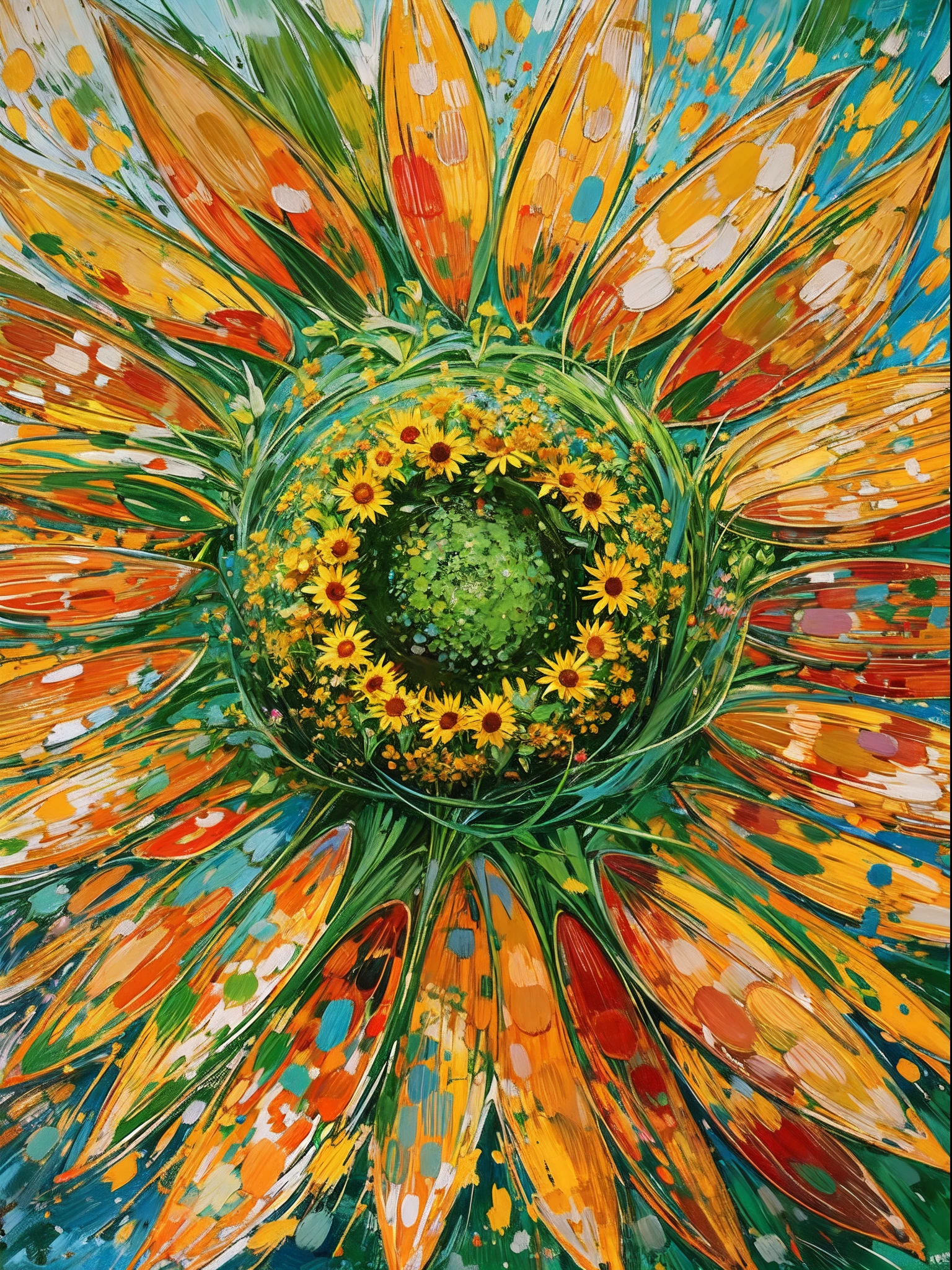 A painting made with oil paint and a palette knife. A large sunflower is drawn in the center. The petals of the sunflower are colored with yellow, orange, red, and other colors, and they show different expressions depending on the light. The background is composed of blue, green, purple, and other colors, creating a beautiful contrast with the sunflower. The painting has a thick and tactile texture.