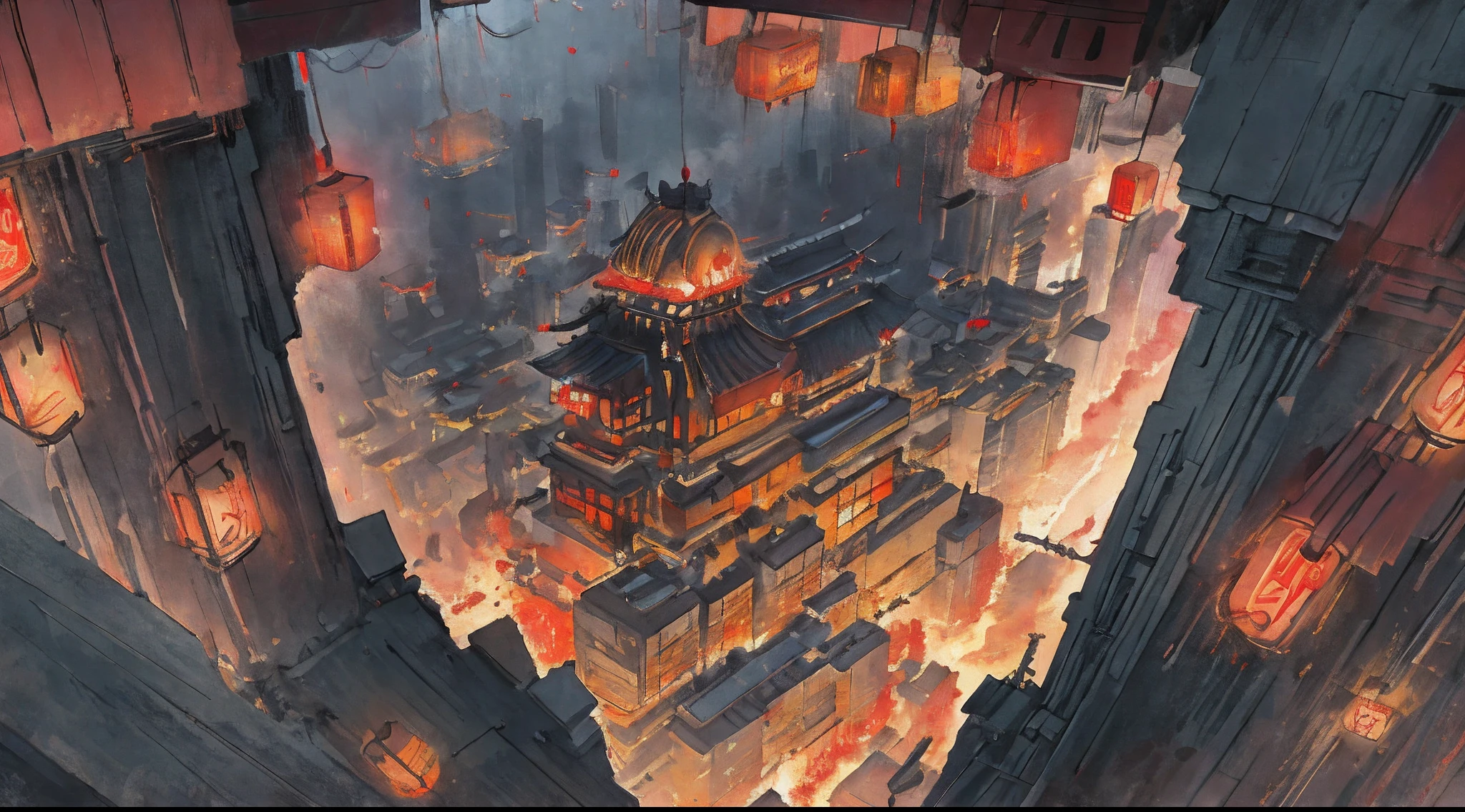 cyber punk perssonage，城市，new year，fire works，Looking，Look down from above