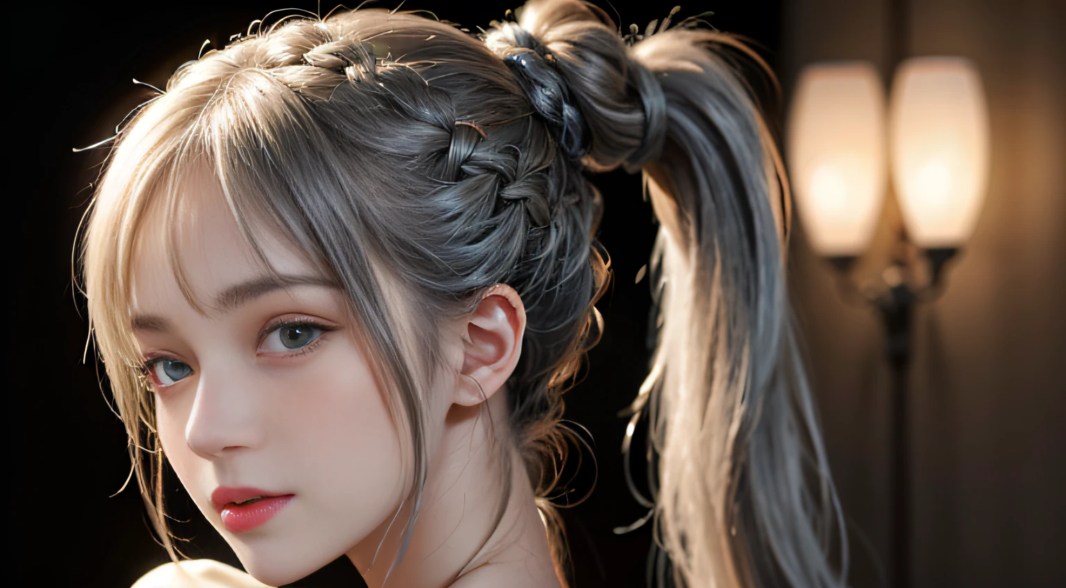 1 rapariga, silver hair, bangs, blunt bangs, long hair, braided ponytail, braided ponytail, braided ponytail, braided ponytail, ponytail, braided ponytail, braided ponytail, braided ponytail, braided ponytail, braided ponytail, braided ponytail, braided ponytail, braided ponytail, ponytail, ponytail, aqua eyes, longeyelashes, solid circle eyes, makeup, open mouth, blush, parted lips, bright pupils, smiley, seductive smile, glint, Surrealism, modern, chiaroscuro, chiaroscuro, depth of field, first-person view, from behind, from side, f/1.8, 135mm, Canon, Canon, UHD, retina, masterpiece, ccurate, anatomically correct, textured skin, super detail, high details, high quality, best quality, highres, 1080P, HD, 4K, 8k