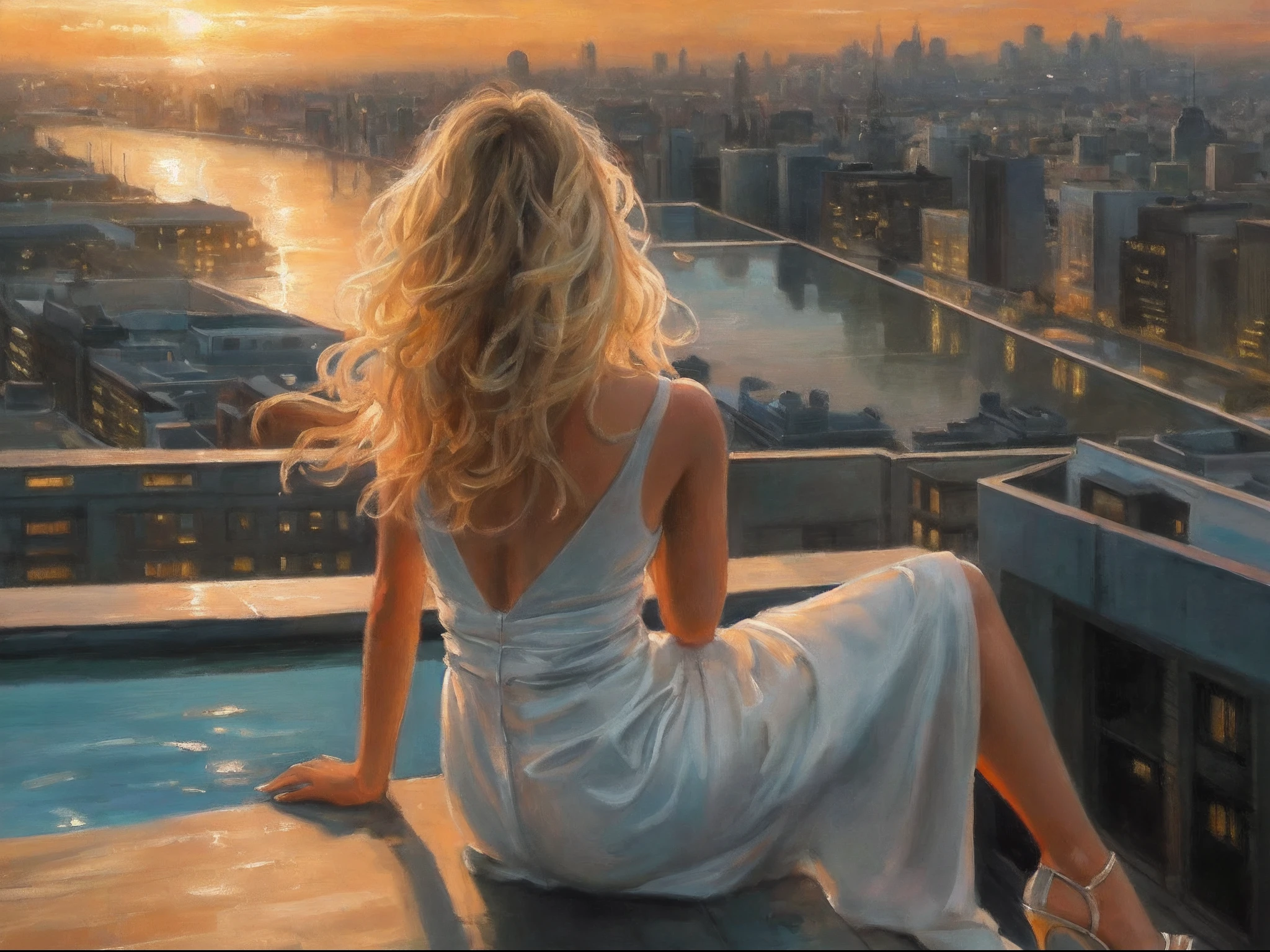 an oil painting  of a woman sitting in an infinity pool on top of roof in a modern city, watching sunset over the city, sun being reflected in the water a view from the rear, long hair, wavy hair, blond hair, ultra feminine, best detailed face, wearing elegant dress, glamorous dress, wearing high heels, ultra best realistic, best details, best quality, 16k, [ultra detailed], masterpiece, best quality, (extremely detailed), ultra wide shot, photorealism,