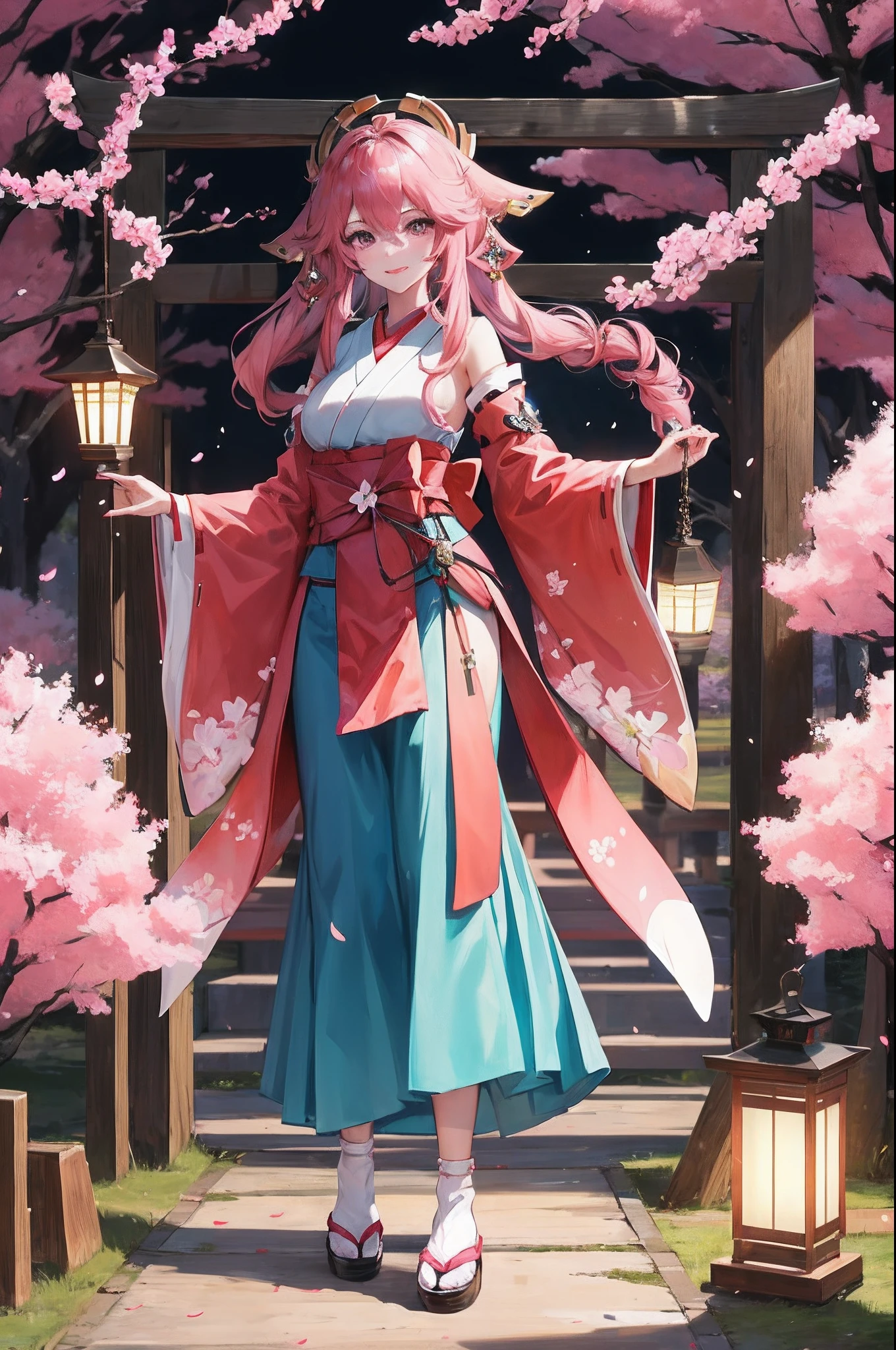 yae miko，Pink Long Hair，The ends of the hair are tied up，Pink fox ears，Hang your ears，Wearing a cherry blossom in her hair，Has pink M-shaped bangs，Wearing a Japanese witch costume，grown woman，Gentle smile，Purple eyes，The fox becomes a woman，under a sakura tree，In front of the shrine，Handheld lantern，The lantern is embroidered with cherry blossoms，