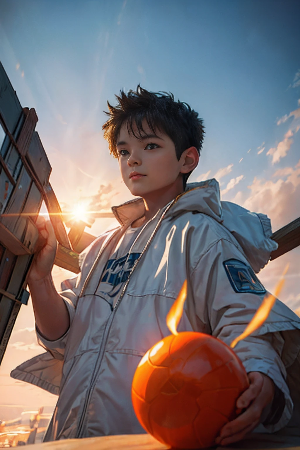 tmasterpiece，best qualityer，cinematic Film still from，1 Boy Central，natta，starrysky，Cloud Boy，floating into the sky，Close-up，brightly，cheerfulness，Soft lighting and warmth，Sun sunset，spark of light