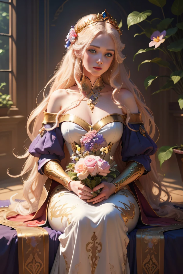 flower princess, rapunzel, beautiful, golden glow, long golden hair, blue eyes, lilac flower gown, green ivy, beautiful young face, soft glowing skin, conceptual art portrait of greg rutkowski, Artgerm, super detailed intricate detailed gothic art trending on artstation tricolor, fantasy, intricate detail, splash screen, additional colors, fantasy concept art, resolution 4k prize, oil painting, bold strokes, red lips, blue eyes, falling peach blossoms, wearing a crown, royal flower garden scene